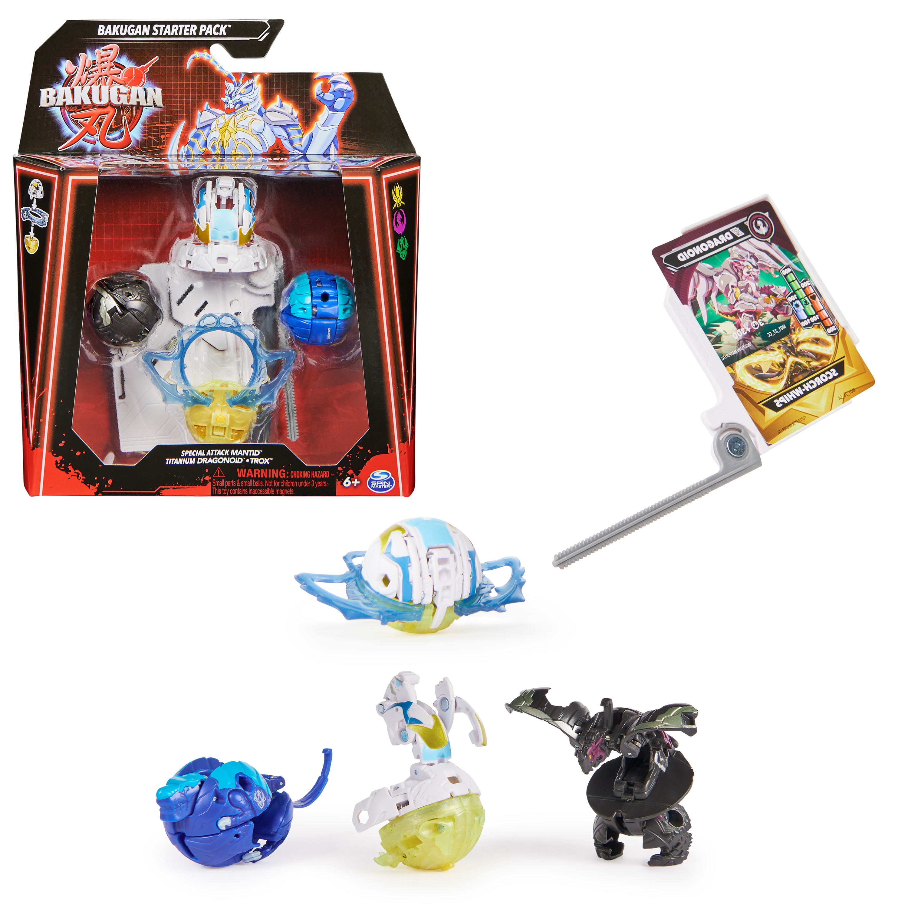 Bakugan Starter 3-Pack, Special Attack Mantid, Titanium Dragonoid and Trox,  Customizable Spinning Action Figures and Trading Cards, Kids Toys for Boys  and Girls 6 and up