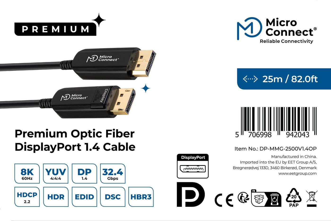 صورة كابل Microconnect DP-MMG-2500V1.4OP DisplayPort، 25 متر، مطلي بالذهب