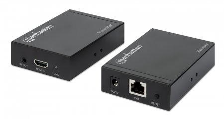 Manhattan 4K HDMI over Ethernet Extender with Integrated Cables, 4K@30Hz, Distances up to 50m with 2x Cat5e or Cat6 Ethernet Cables (not included), Black, Three