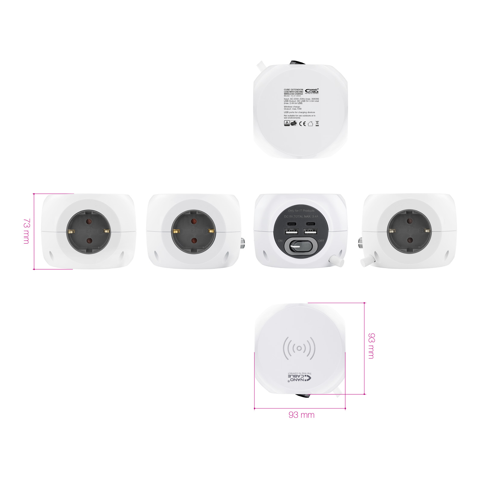 Nanocable 3-socket socket with 4 USB's (2 USB A + 2 USB-C) and wireless charging, with switch – image 5