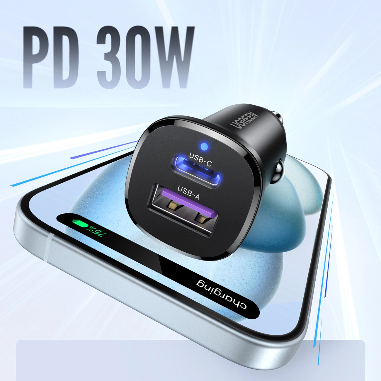 Ugreen Ladowarka samochodowa EC305 USB-C + USB, 30W (czarna) – image 3