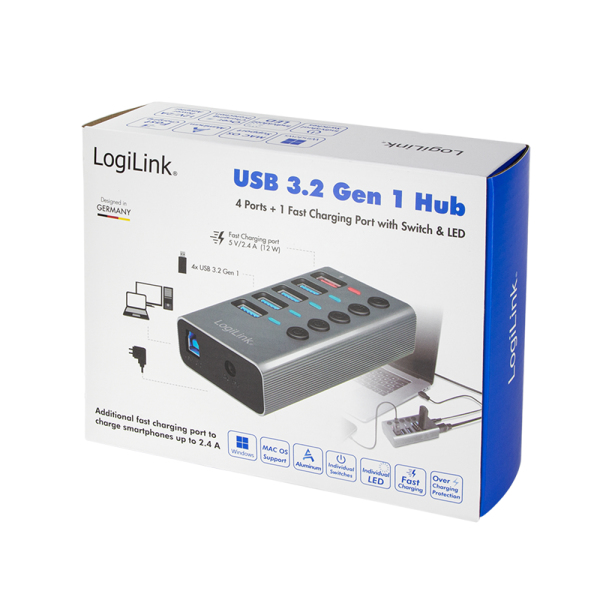 LogiLink UA0386 interface hub USB 3.2 Gen 1 (3.1 Gen 1) Type-B 5000 Mbit/s Grey – image 8
