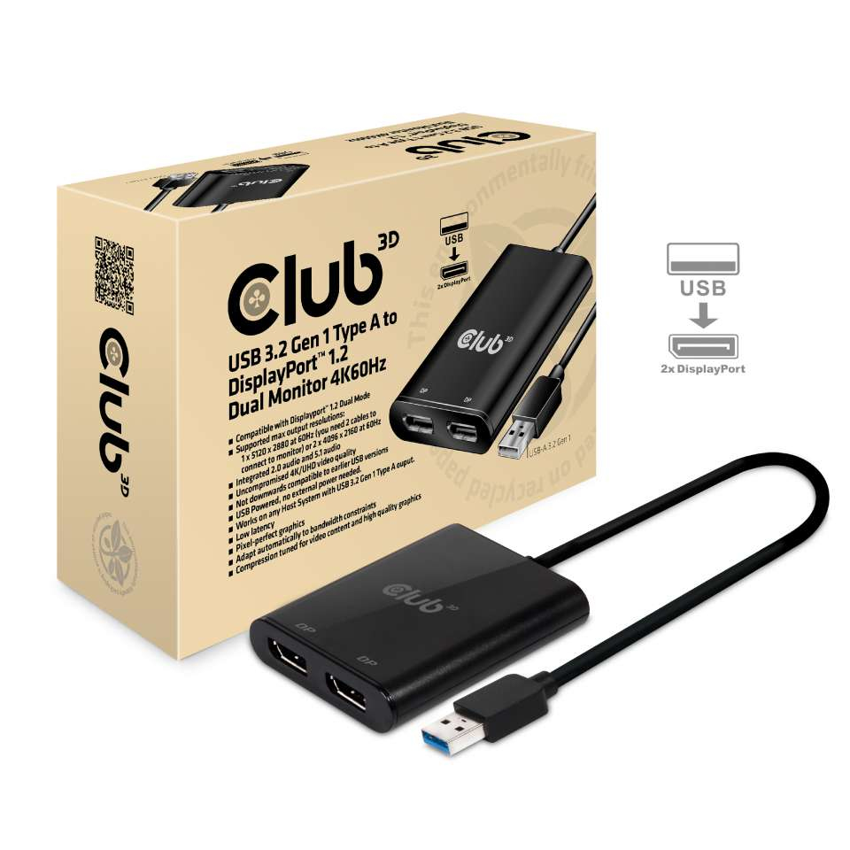 CLUB3D USB3.2 Gen1 Type A to 2x DisplayPort™1.2 Dual Monitor 4K60Hz DisplayLink Video Splitter