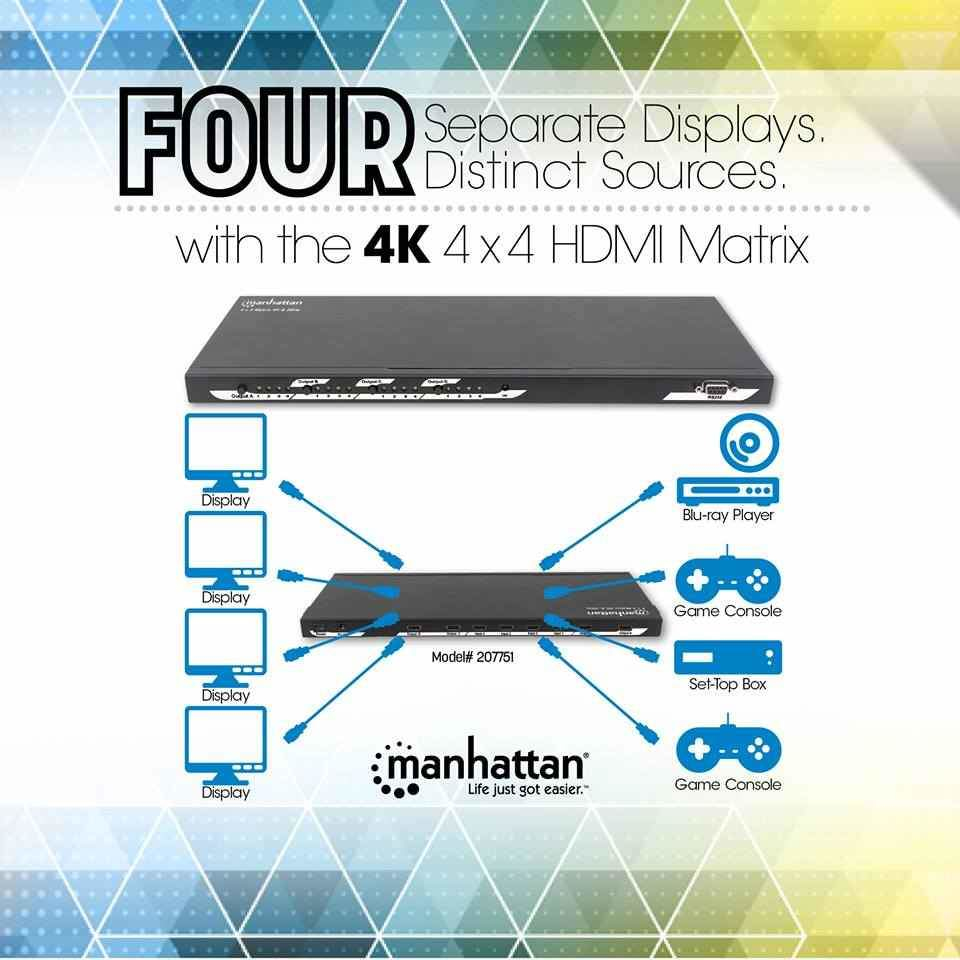 Manhattan 4K 4x4 HDMI Matrix, 4K@30Hz, Switch/Splitter Matrix with Four Inputs and Four Outputs, RS232 Control, Video Bandwidth Amplifier, Remote Control, Boxed – image 7