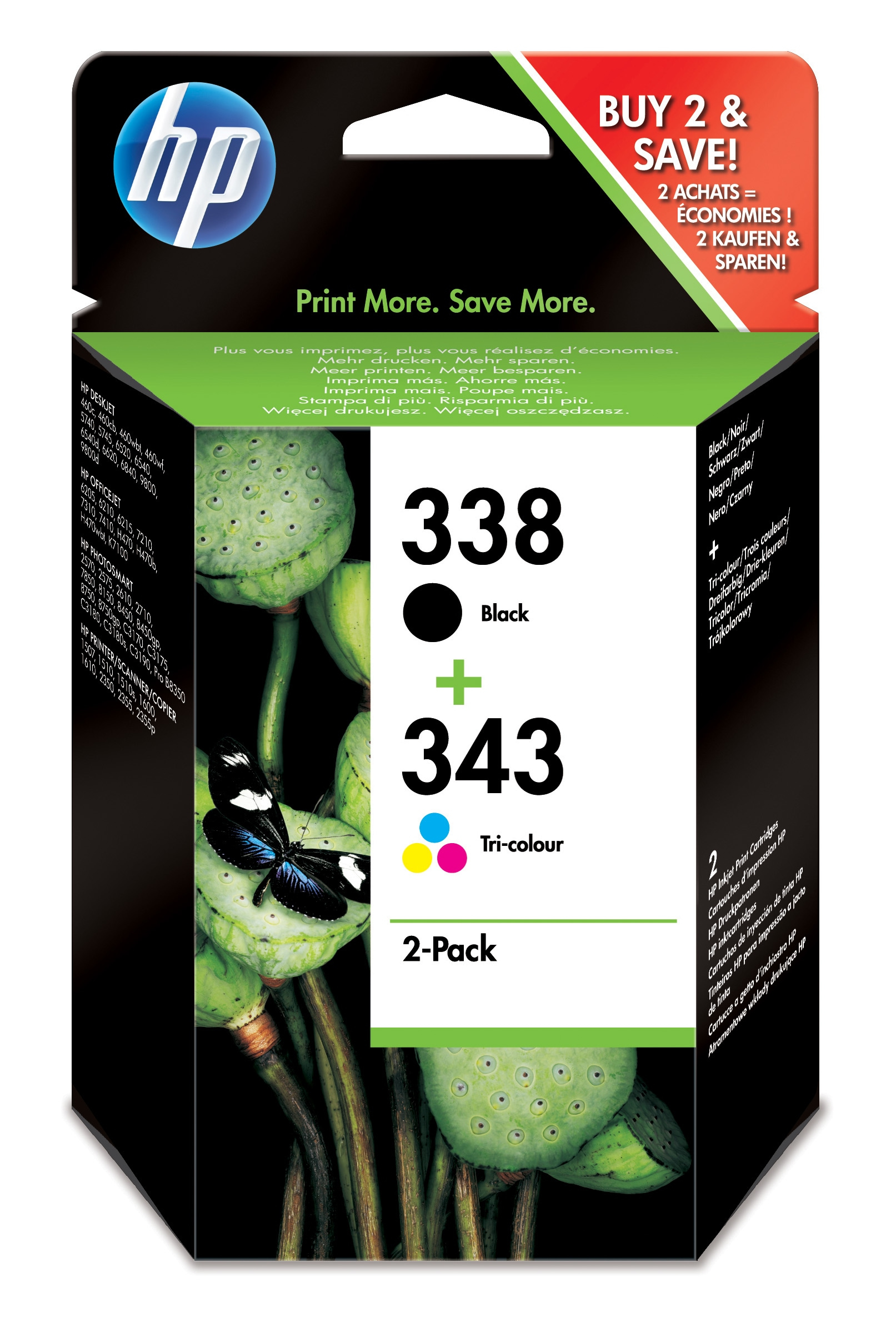 HP 338 Black/343 Tri-color 2-pack Original Ink Cartridges