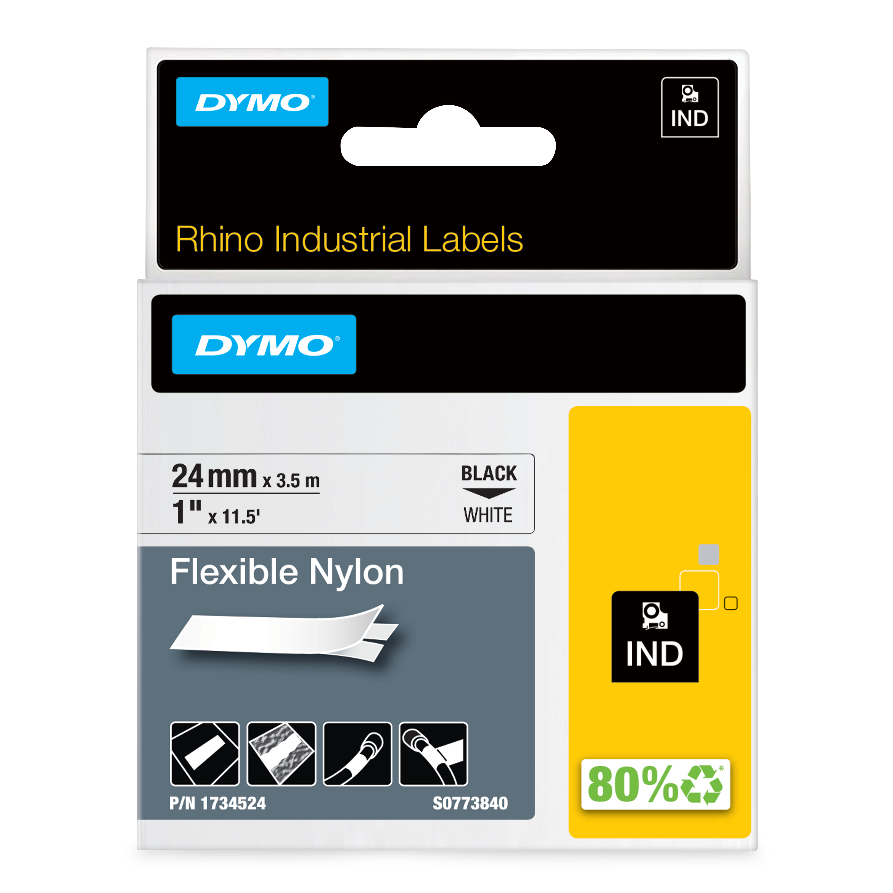DYMO Rhino Industrial Flexible Nylon Labels | 24 mm x 3.5 m | Black Print on White | Self-Adhesive | for LabelManager & Rhino Label Makers