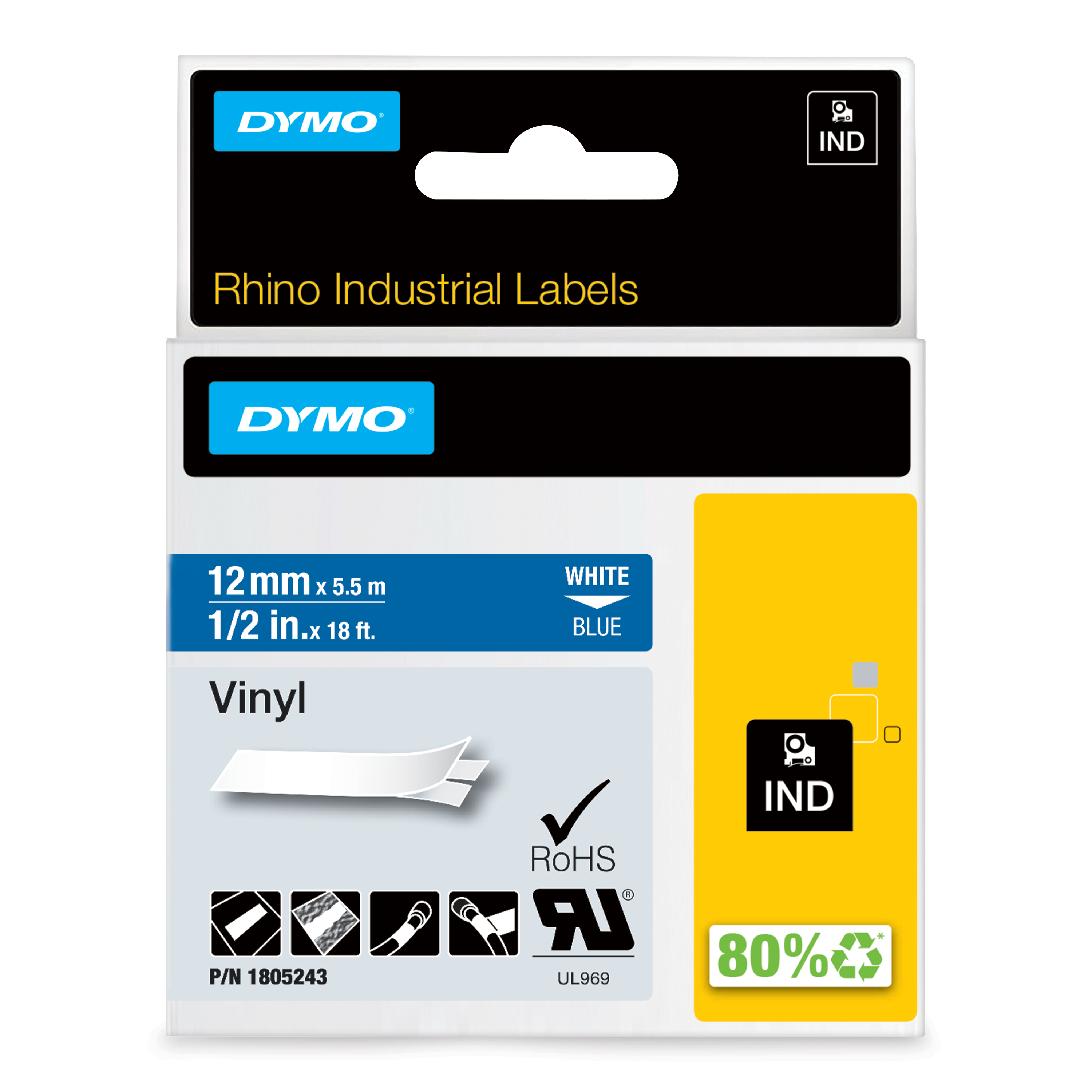 RHINO BAND ID1 VINYL 12MMX5.5MM WHITE ON BLUE