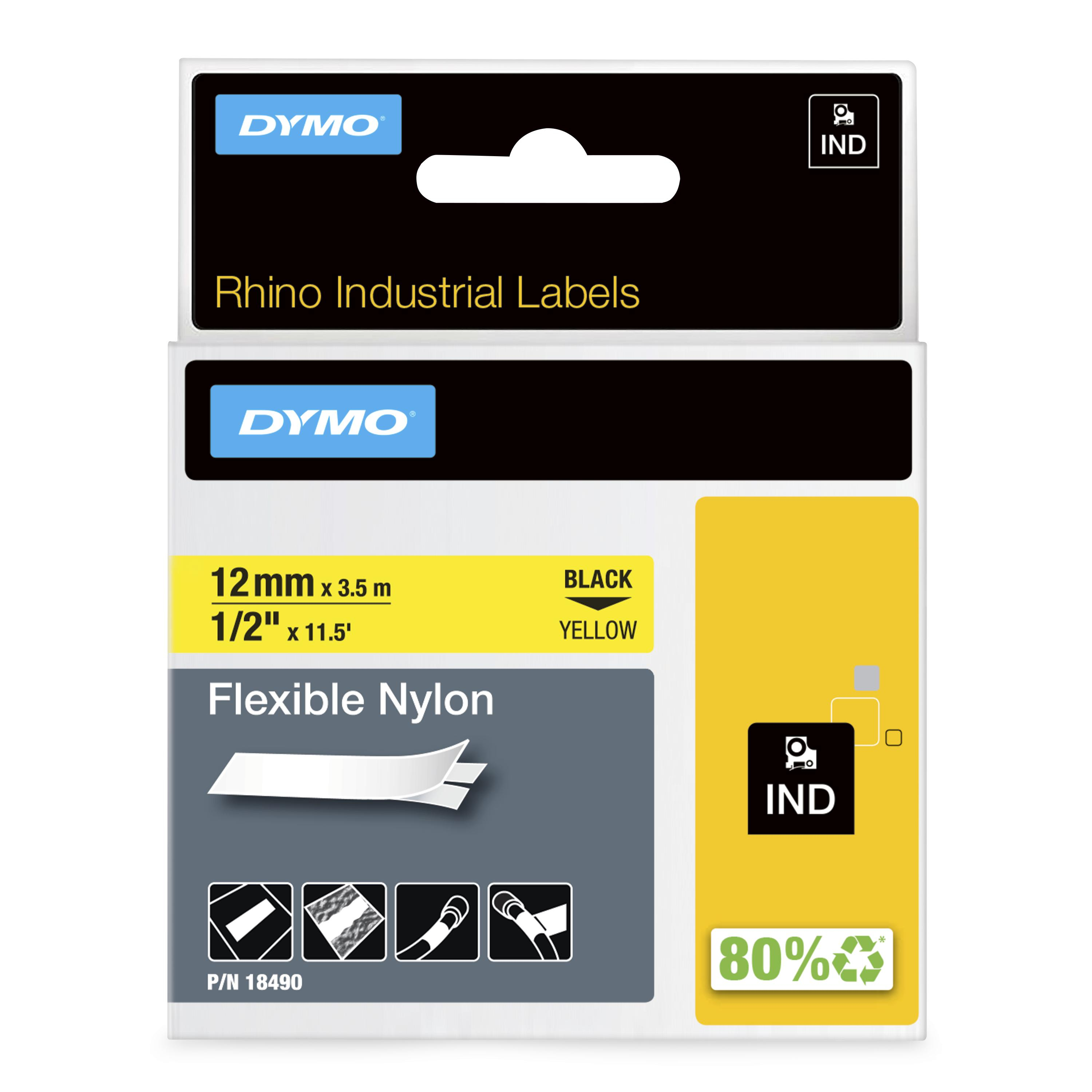 DYMO Rhino Industrial Flexible Nylon Labels | 12 mm x 3.5 m | Black Print on Yellow | Self-Adhesive | for Rhino & LabelManager Label Makers