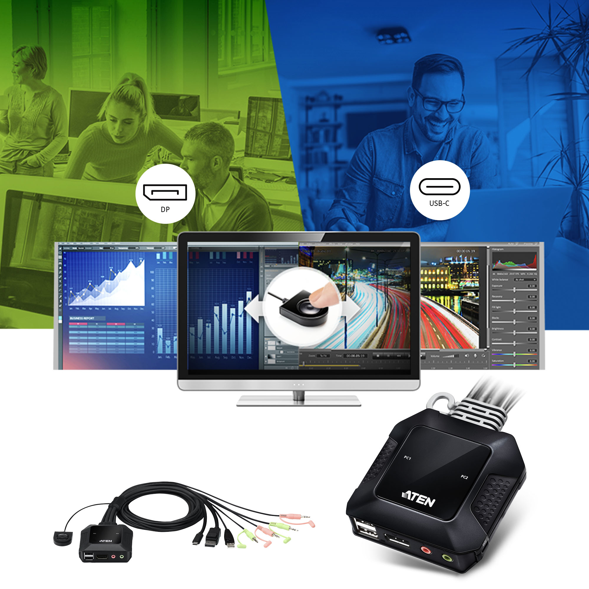 ATEN 2-Port USB-C DisplayPort Hybrid Cable KVM Switch – image 4
