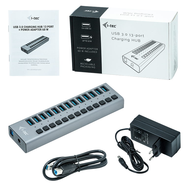 Resim i-tec U3CHARGEHUB13 USB 3.0 13-Port 60W Güç Adaptörlü Şarj Hub'ı, Gri