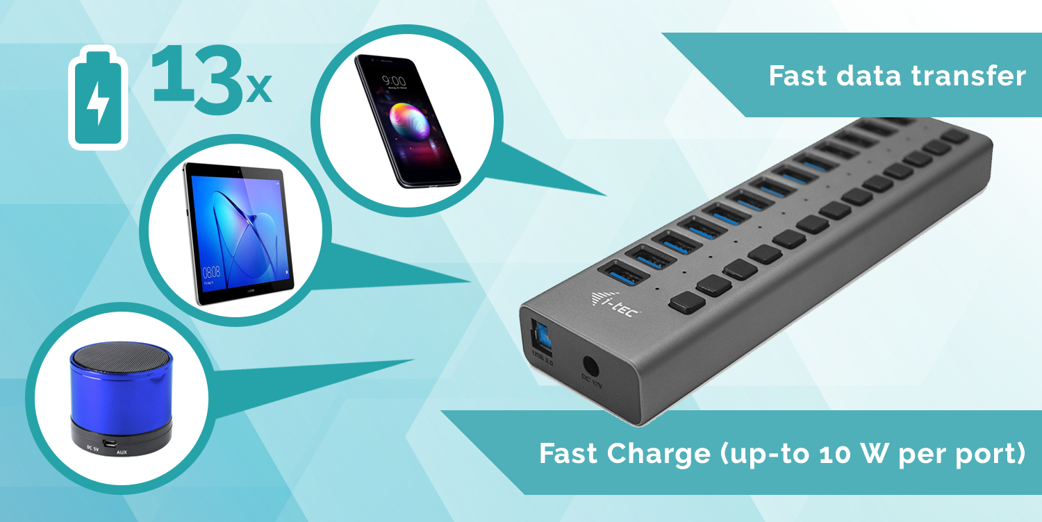 Resim i-tec U3CHARGEHUB13 USB 3.0 13-Port 60W Güç Adaptörlü Şarj Hub'ı, Gri