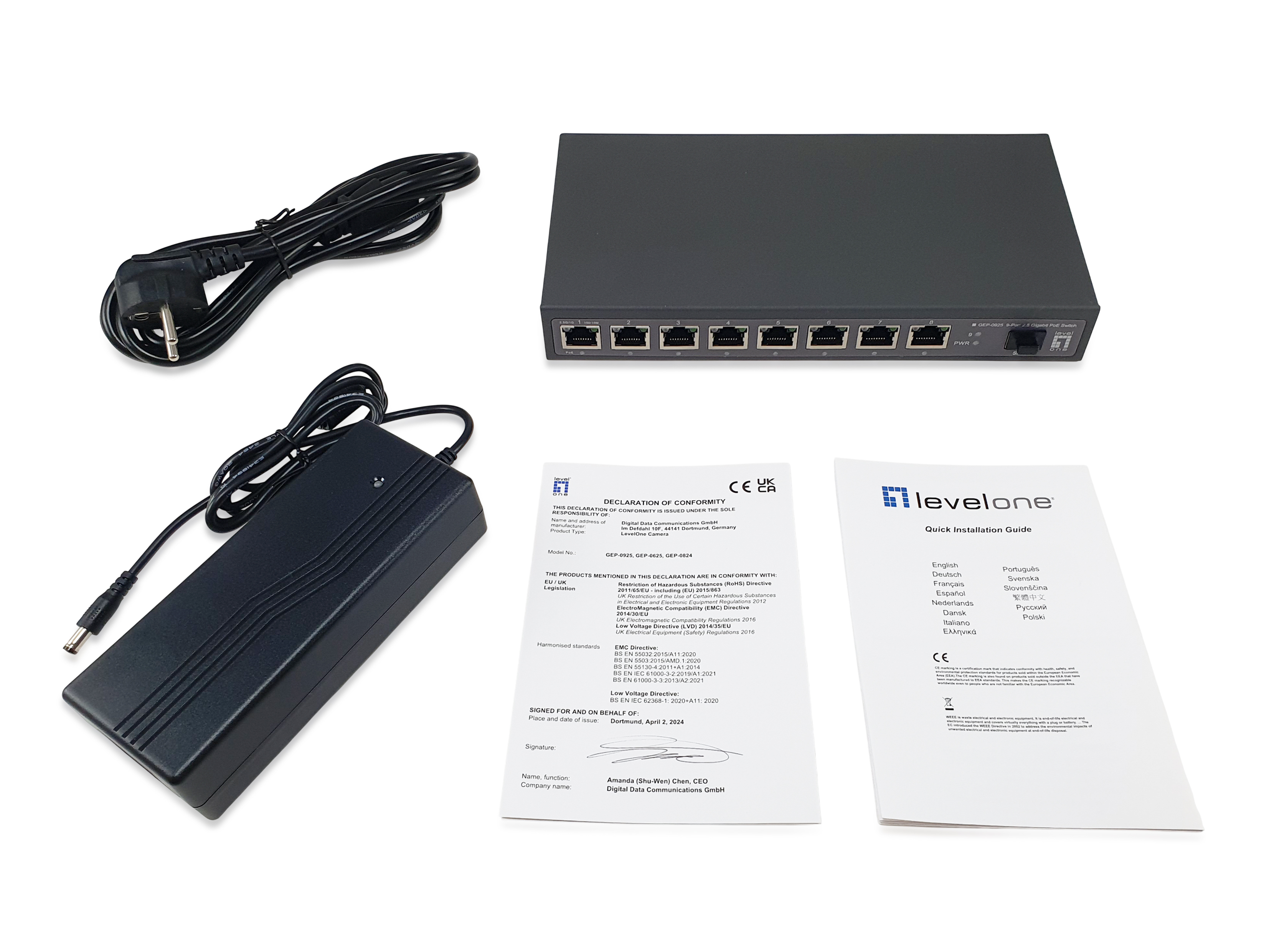 LevelOne PoE+Switch 8xGE PoE/1x10GSFP+ 120W unmanged Plastik