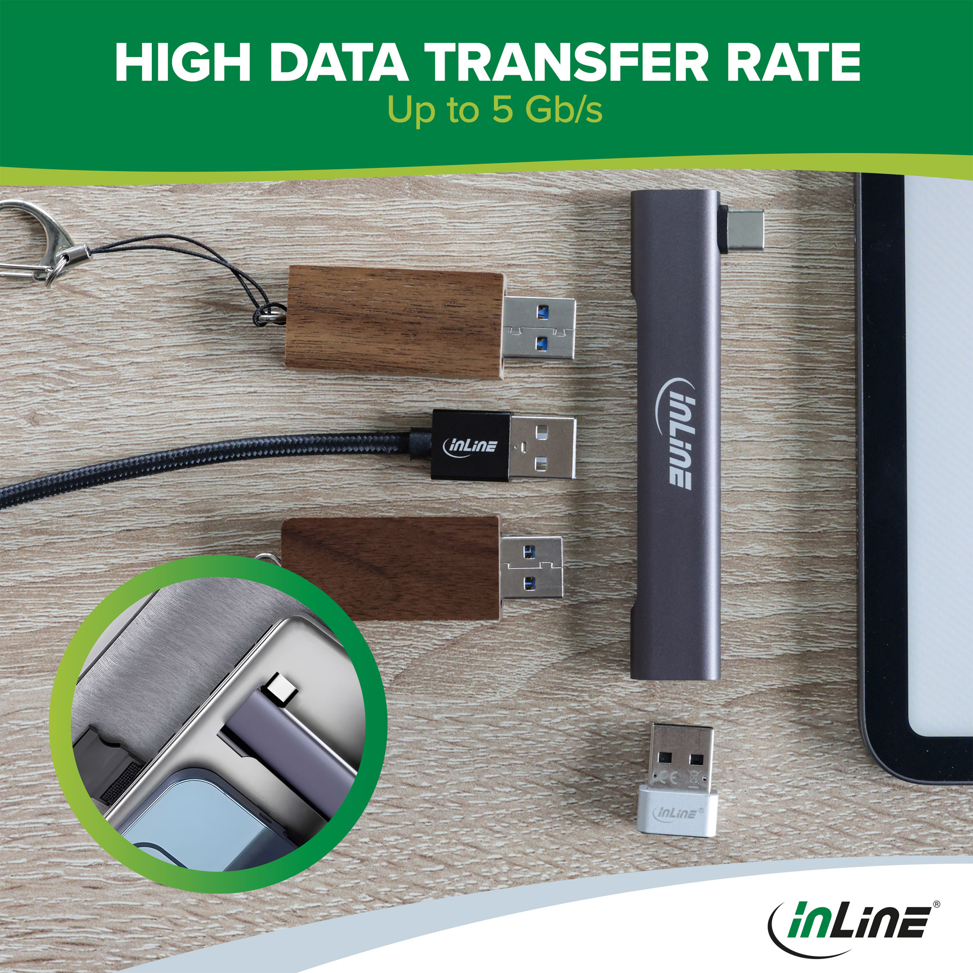 InLine Slim USB-C Hub, 4-port, USB 3.0 + 3x USB 2.0, slim design – image 9