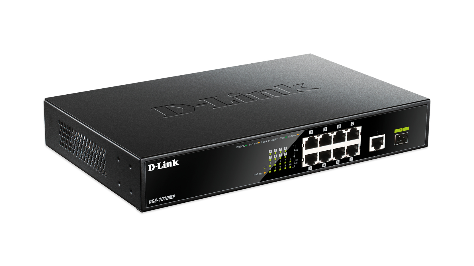 D-Link DGS 1010MP - Switch - unmanaged - 8 x 10/100/1000 (PoE+) + 1 x 10/100/1000 (uplink) + 1 x 1000Base-X SFP (uplink) - desktop, rack-mountable - PoE+ (125 W)