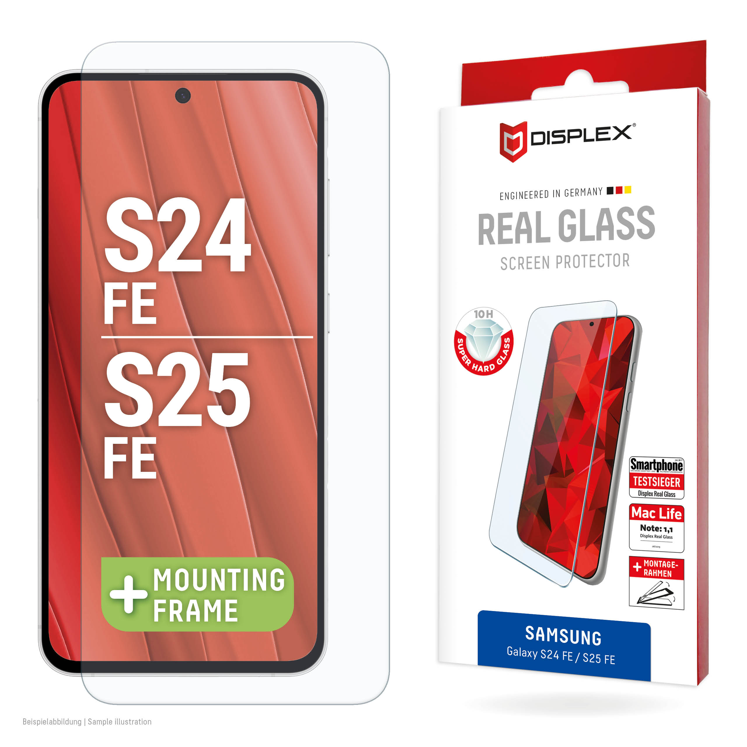 Displex Screen Protector (10H) for Samsung Galaxy S25 FE/S24 FE, Eco Mounting Frame, scratch resistant
