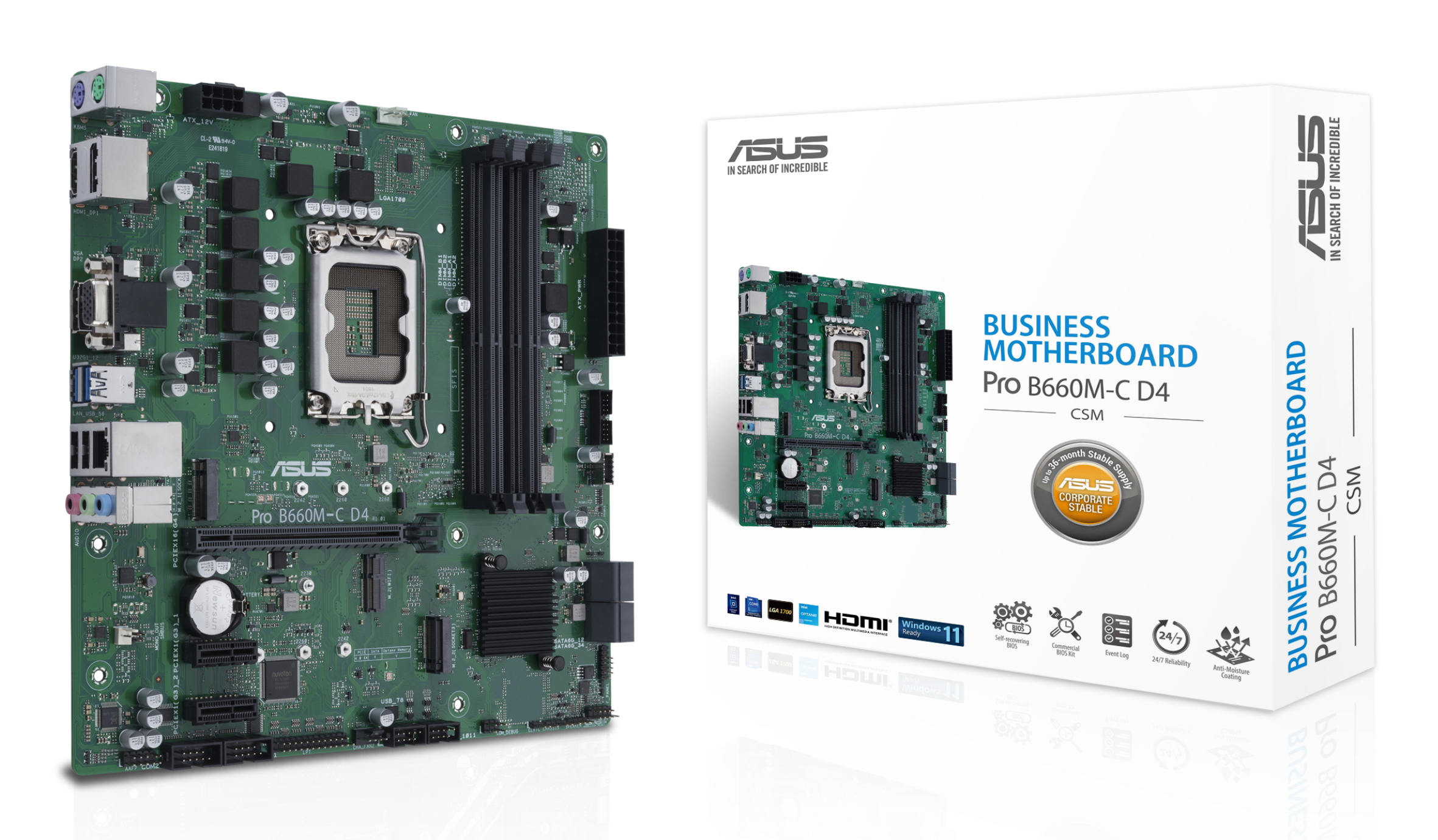ASUS PRO B660M-C D4-CSM - Motherboard - micro ATX - LGA1700 Socket - B660 Chipset - USB 3.2 Gen 1, USB-C Gen1 - Gigabit LAN - onboard graphics (CPU required) - HD Audio (8-channel) - ASUS Corporate Stable Model (CSM)