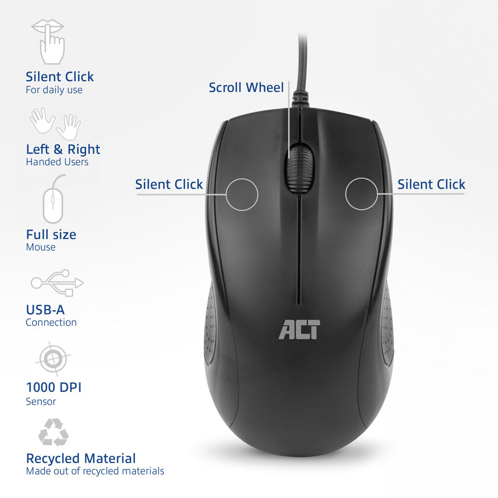 ACT Wired full-size optical mouse 1000 DPI, silent click, eco-friendly, made from recycled materials – image 2
