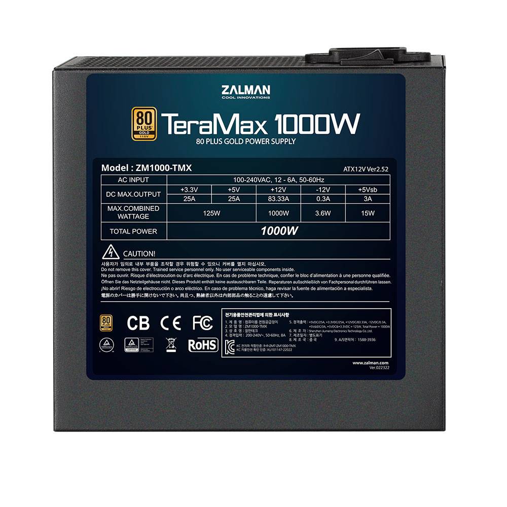 Zalman ZM1000-TMX TerraMax 80 PLUS GOLD PSU 100W/Full-modular 99.9% Active PFC/Single – image 3
