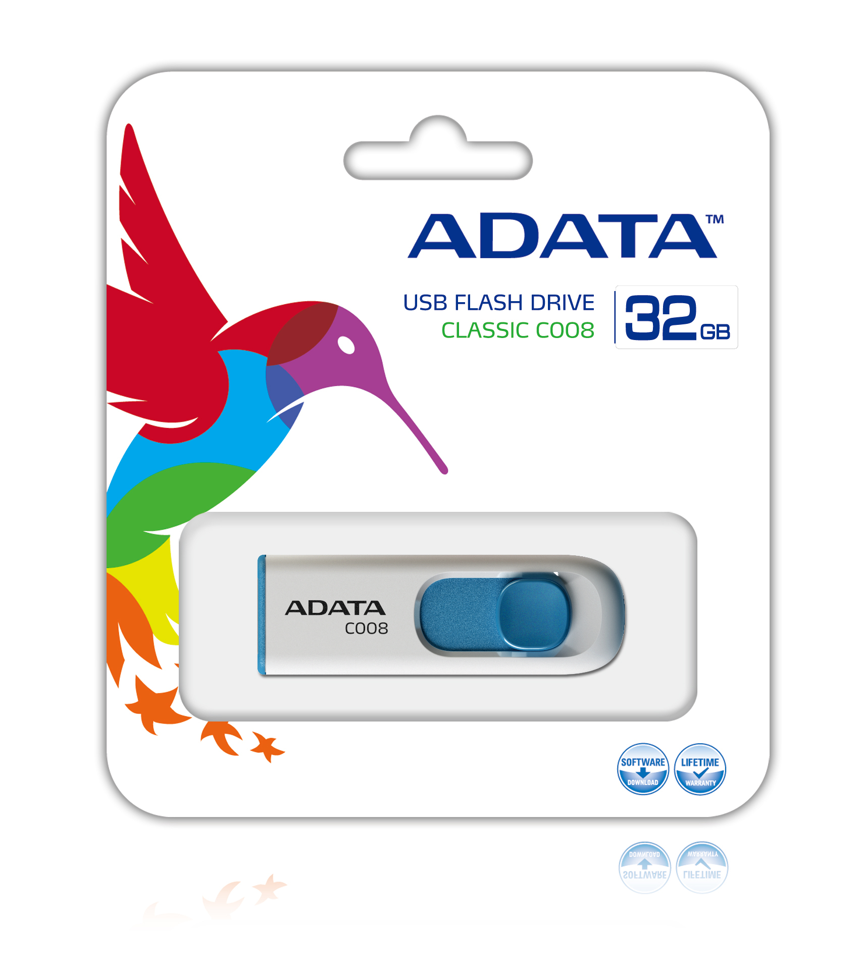 Memoria USB ADATA C008 - 32GB - USB 2.0 - Blanco/Azul - AC008-32G-RWE