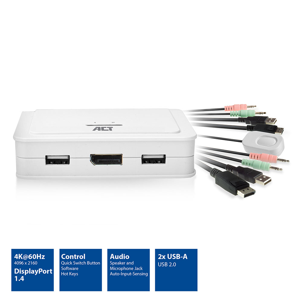 ACT AC7900 DisplayPort 4K KVM switch with fixed cables