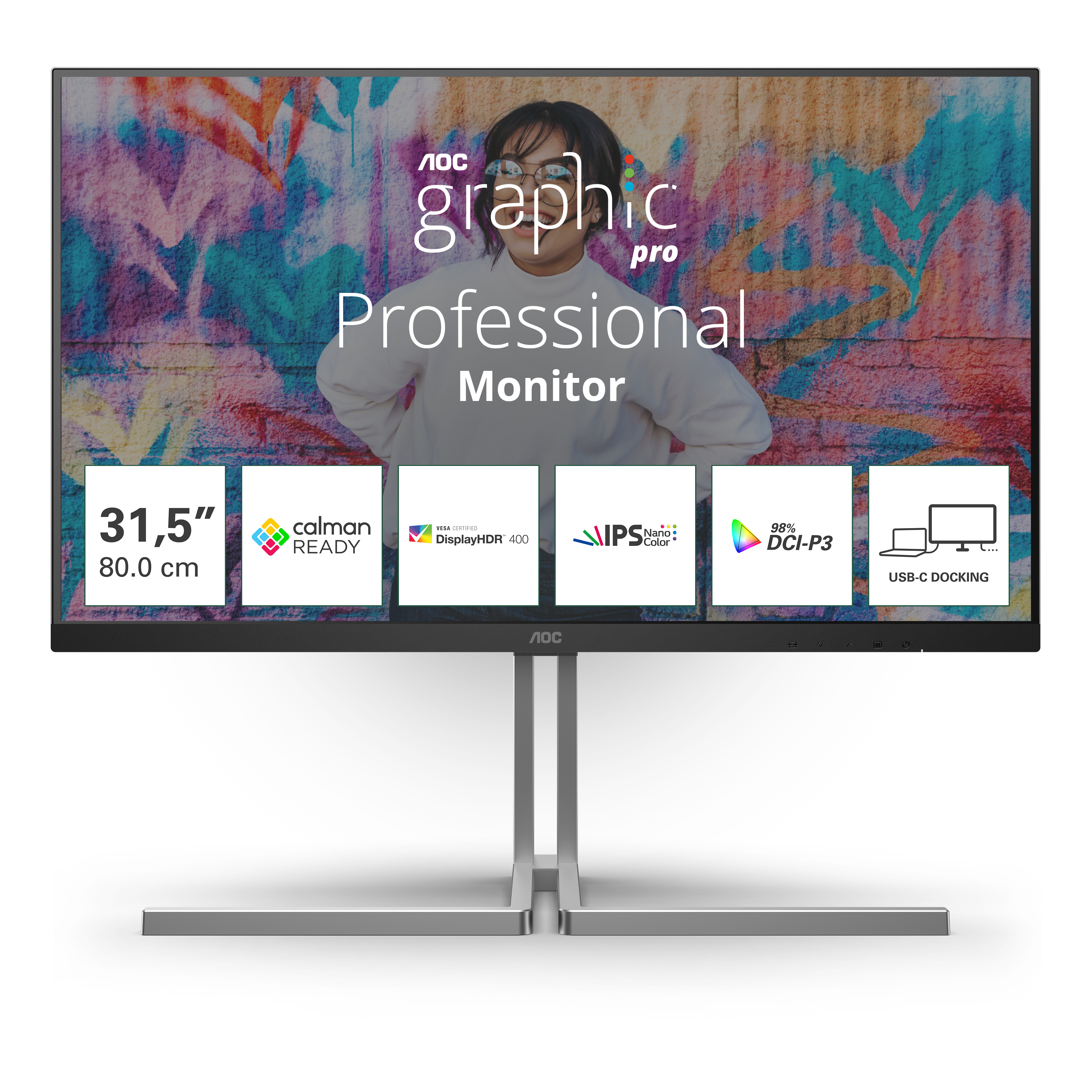 MONITOR AOC Graphic Pro LED 31.5" Wide U32U3CV IPS 3840x2160 4ms 400cd/mq 2x3WMM Reg.H PIVOT 2HDMI DP USB-C Docking Calman Ready