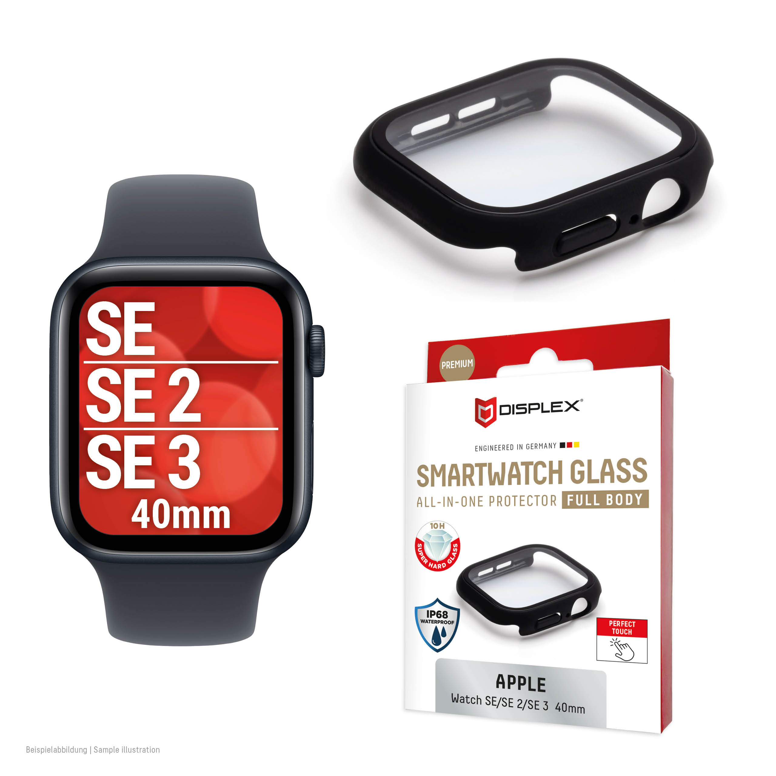 Displex 10H Tempered Glass for Apple Watch SE3/SE2/SE (40mm), Full Body Case, IP68, Snap-On, black frosted