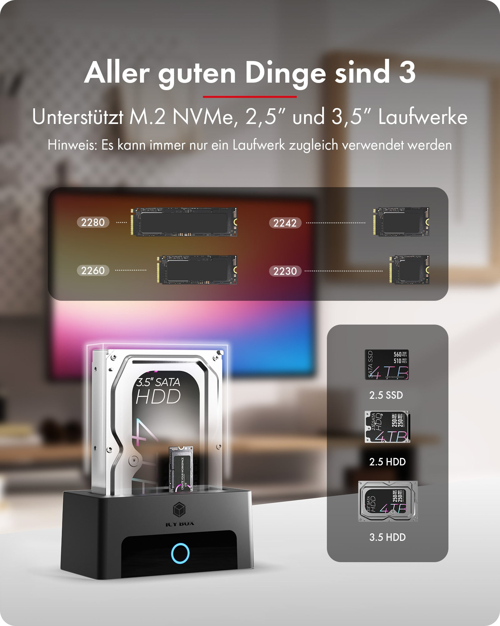 Dockingstation IcyBox für M.2 NVMe 2,5/3,5 HDD/SSD
