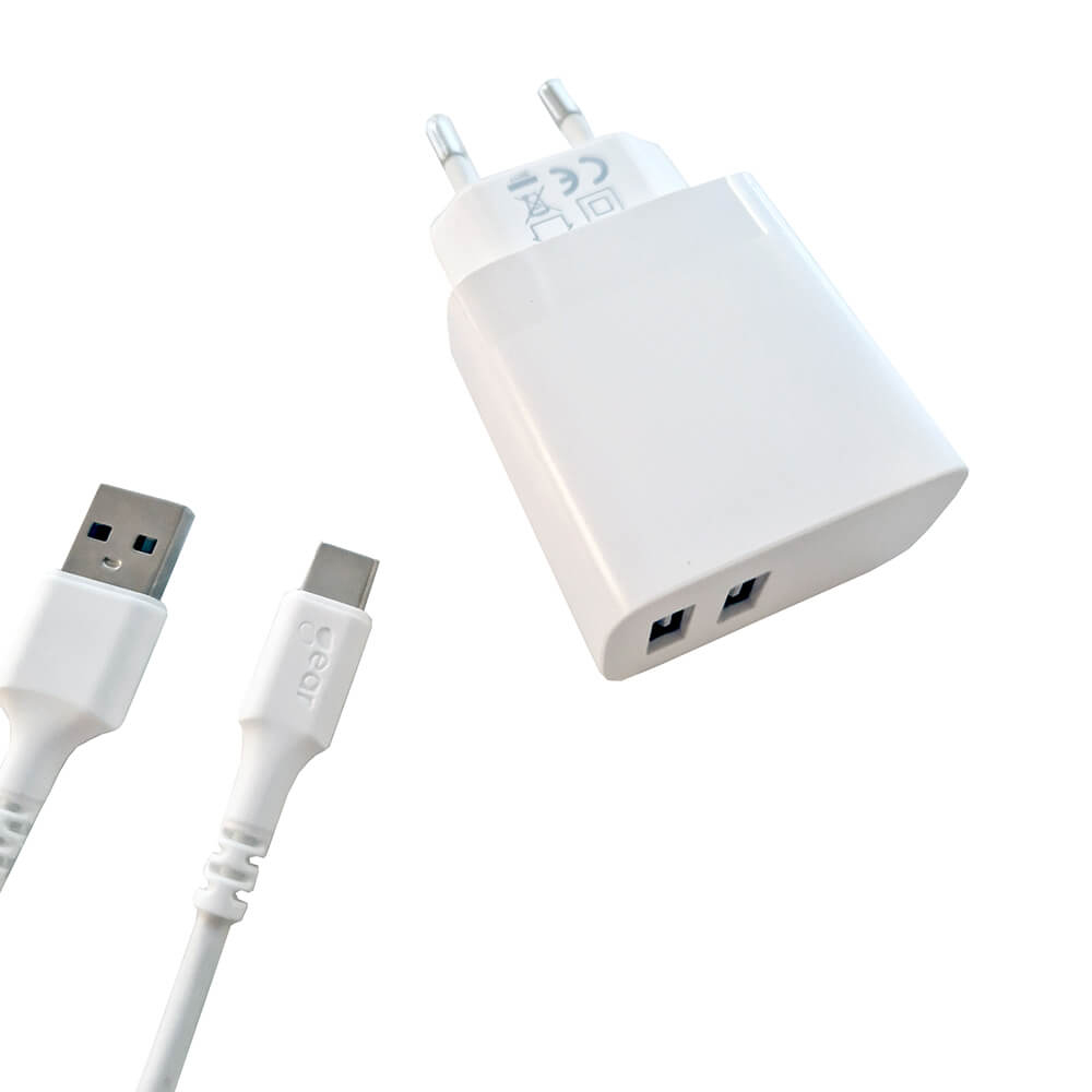 Gear Charger 220V 2xUSB-A 3.4A White USB-C 2.0 Cable 1m