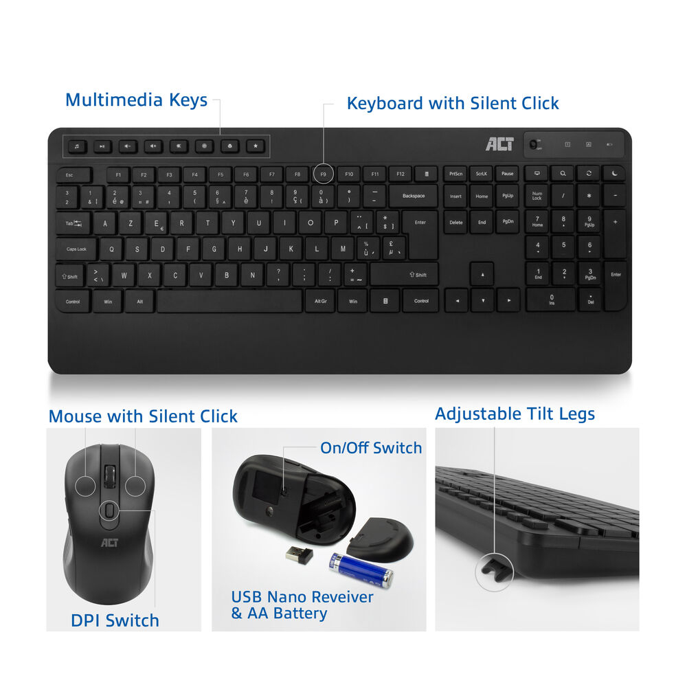 ACT Wireless keyboard and mouse bundle (Azerty), silent click, eco-friendly, made from recycled materials – image 7