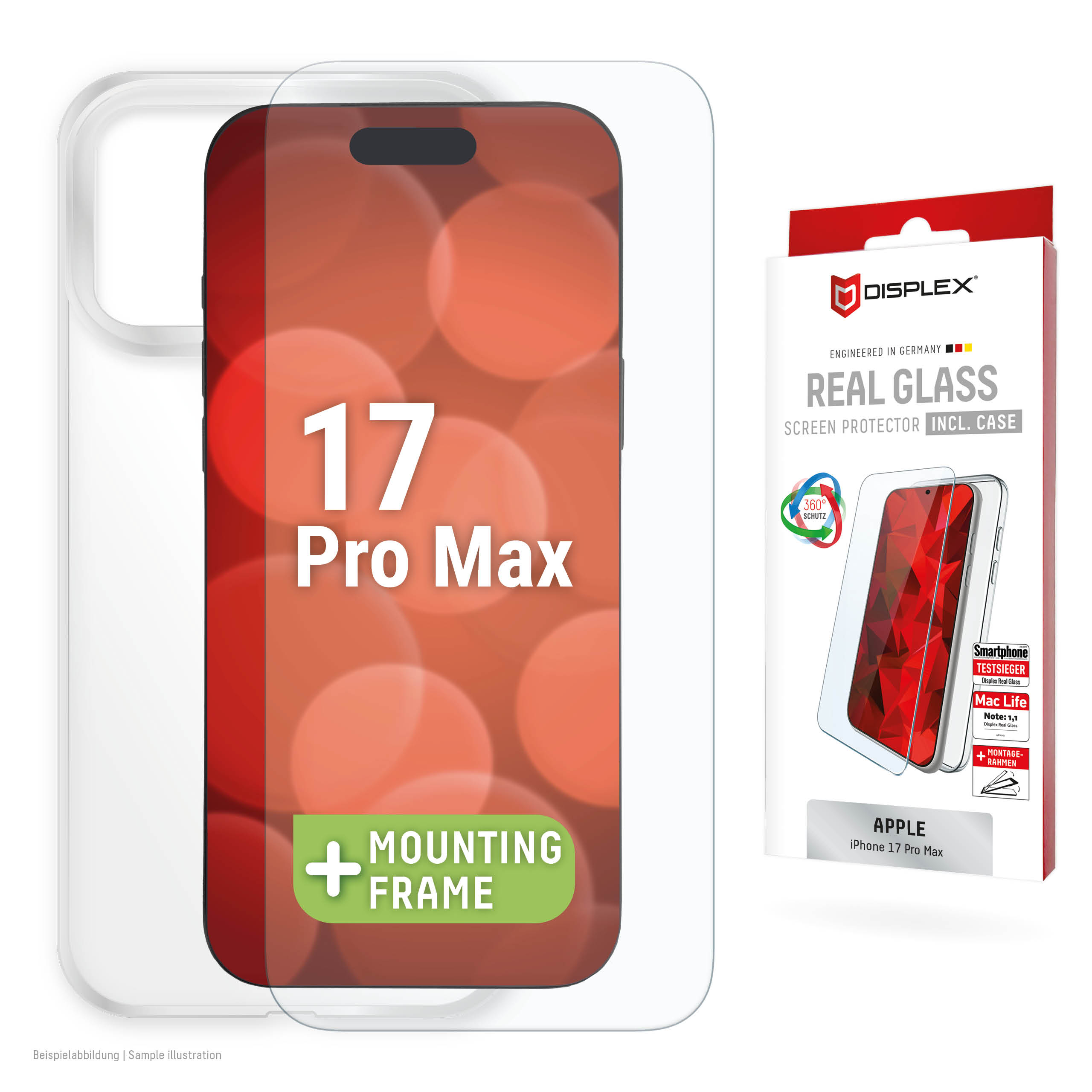 Displex Screen Protector + Case for Apple iPhone 17 Pro Max, Eco Mounting Frame, scratch resistant