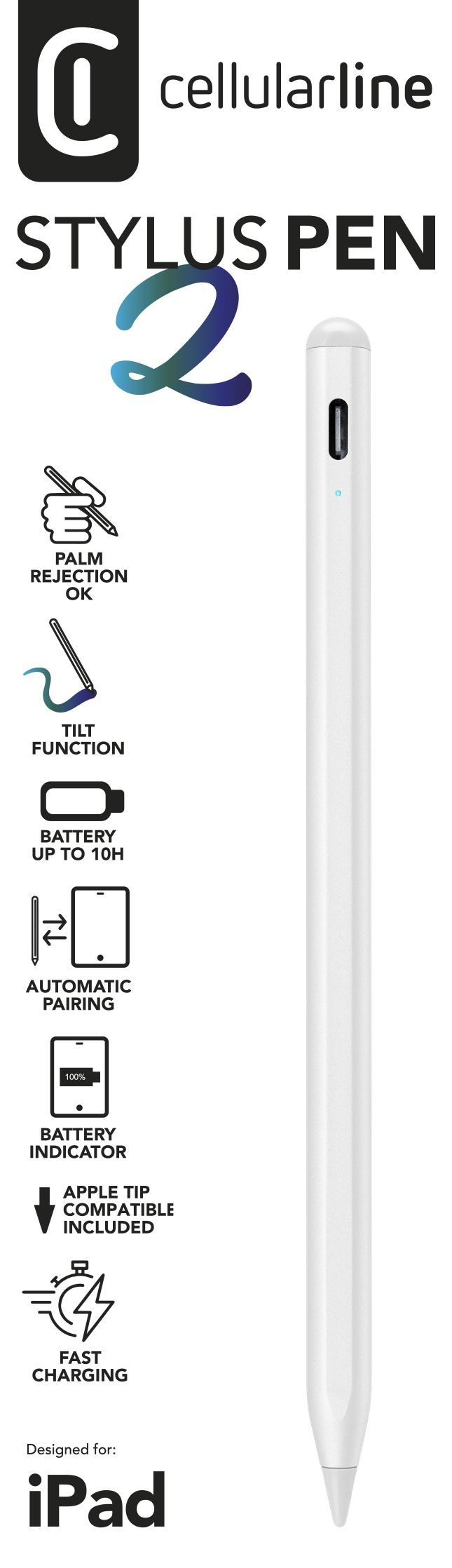 Cellularline Stylus Pen Pennino per iPad con aggancio magnetico e sensibilità all'inclinazione