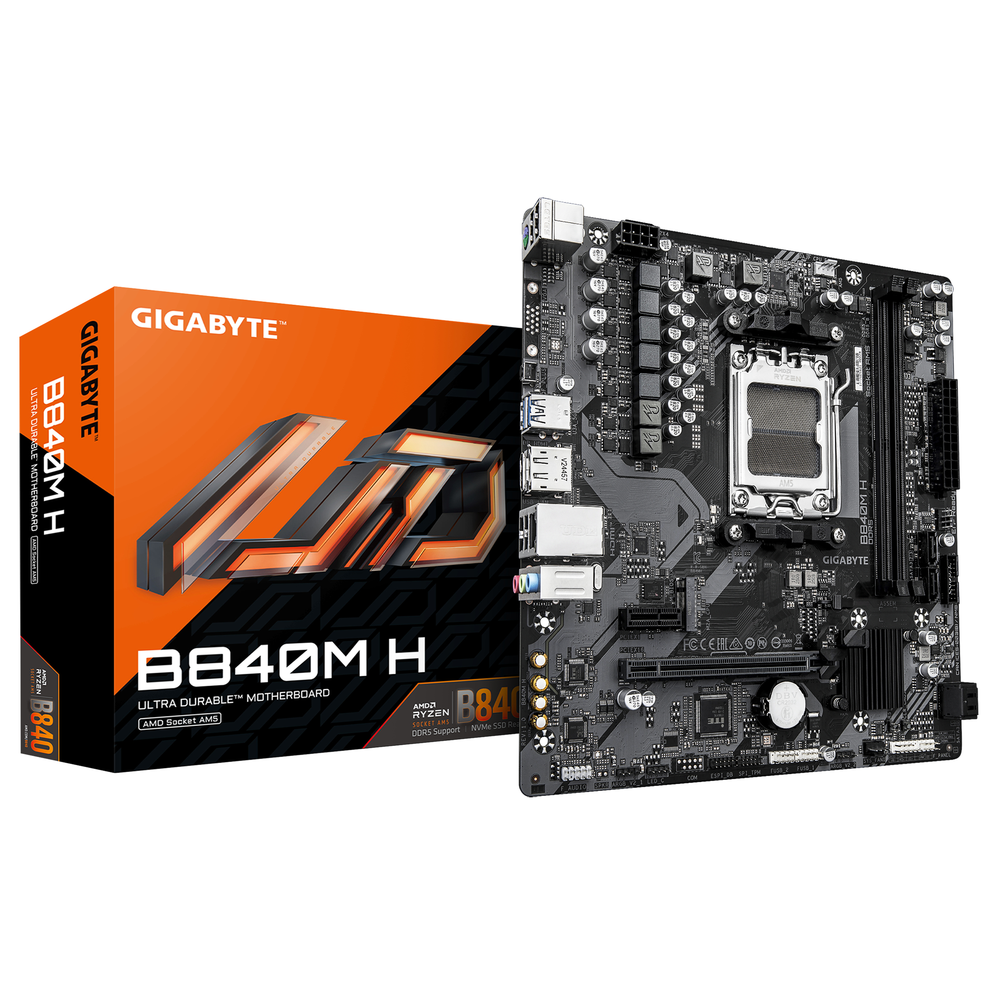 GIGABYTE B840M H Scheda Madre - CPU AMD Ryzen 9000, VRM a 5+2+2 fasi, fino a 7200MHz DDR5 (O.C), 1xPCIe 4.0 M.2, LAN 1GbE, USB