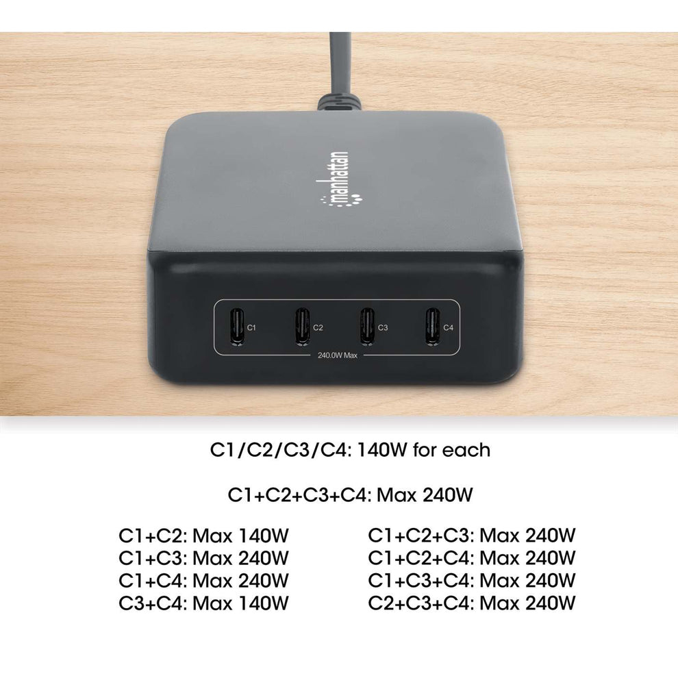 Manhattan Mains USB-C Laptop Charging Station 4-port, Universal charging for ALL laptops (incl power hungry gaming machines & equivalent) with ports to simultan – image 4