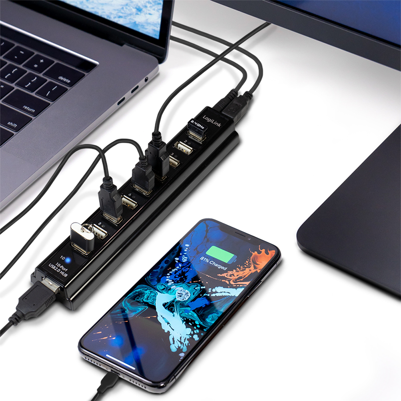Logilink USB-HUB 10-Port m. Netzteil schwarz Kunststoff