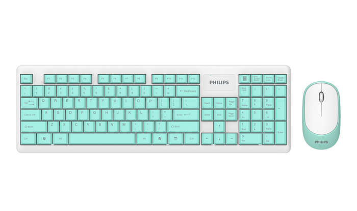 Philips SPT6314C/93 keyboard Mouse included Universal RF Wireless + USB QWERTY English Aqua colour, Blue, White – image 1