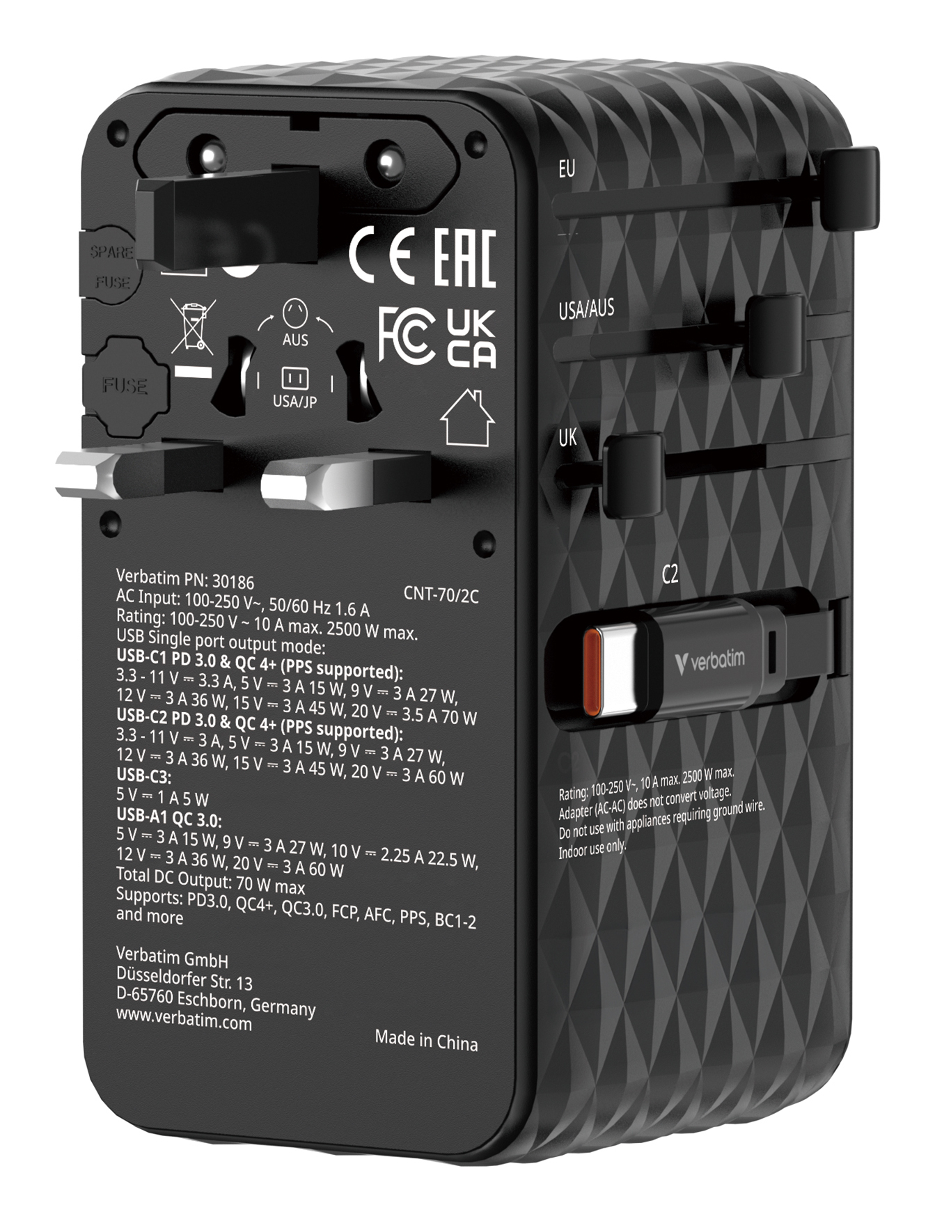 Verbatim Charge'n'Travel Adapter  70W 2C retractable black
