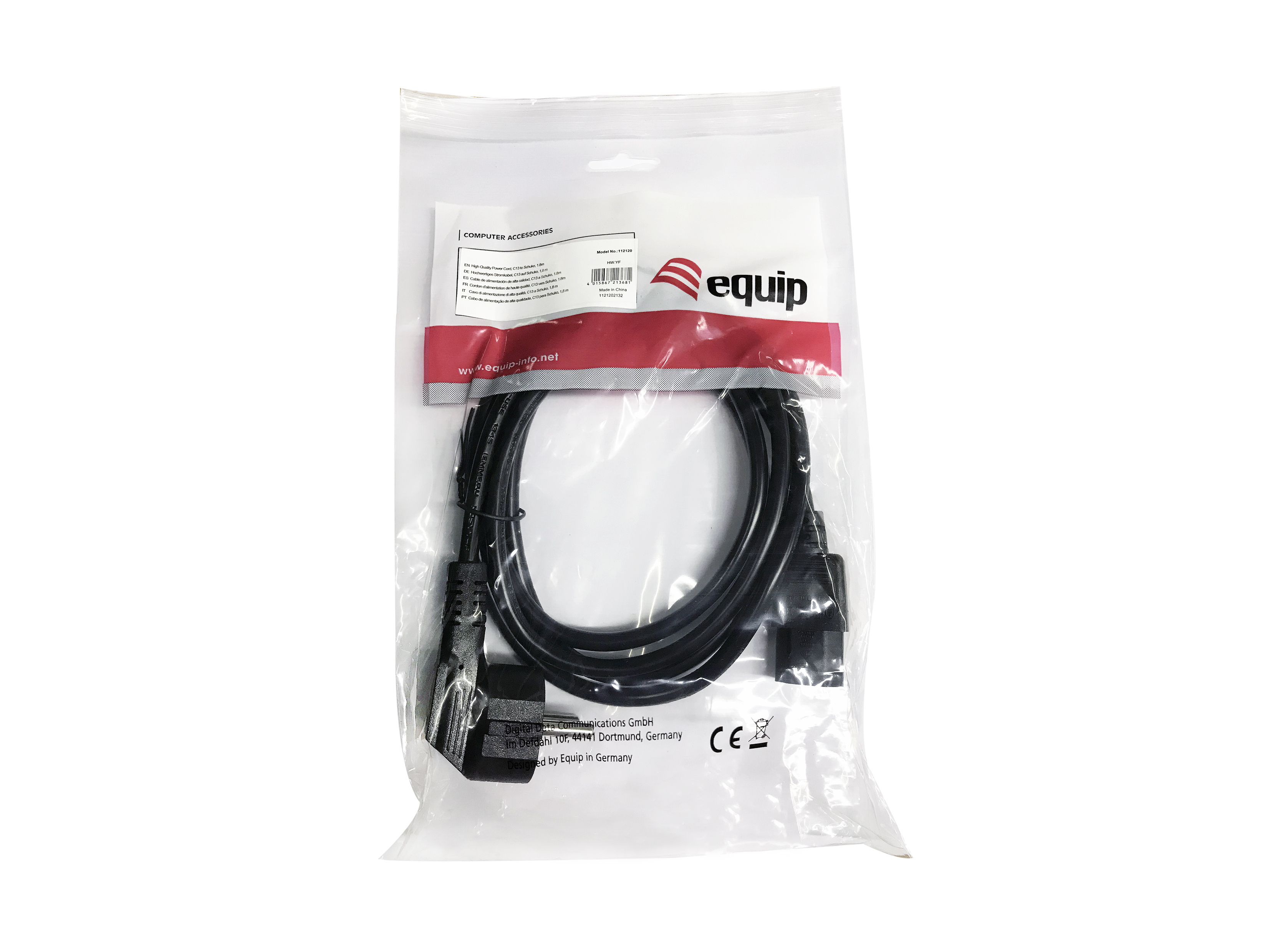 Equip Stromkabel CEE 7/7 90°->C13 St/Bu   schwarz  1.80m PVC Polybeutel Stromkabel