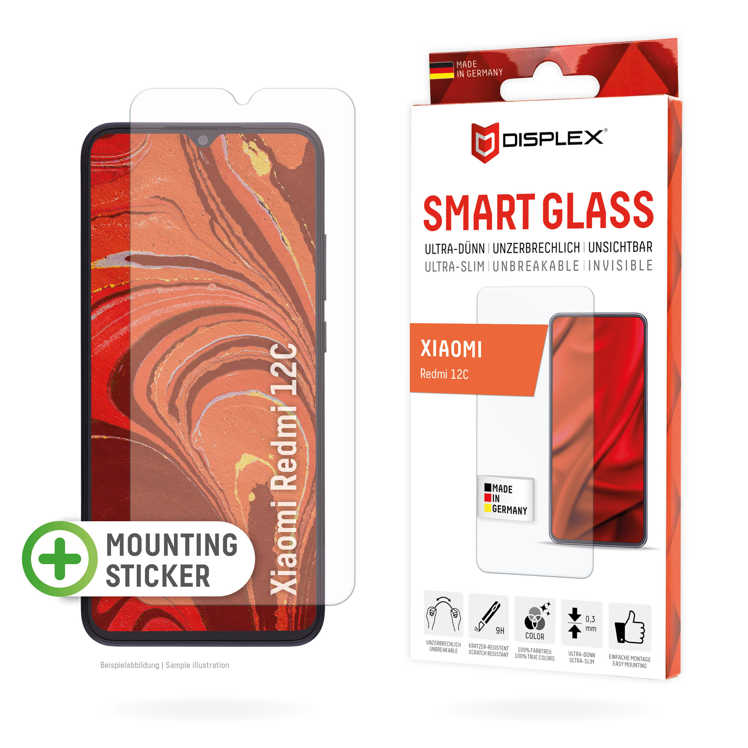 Displex Smart Glass (9H) for Xiaomi Redmi 12C, Mounting Sticker, unbreakable