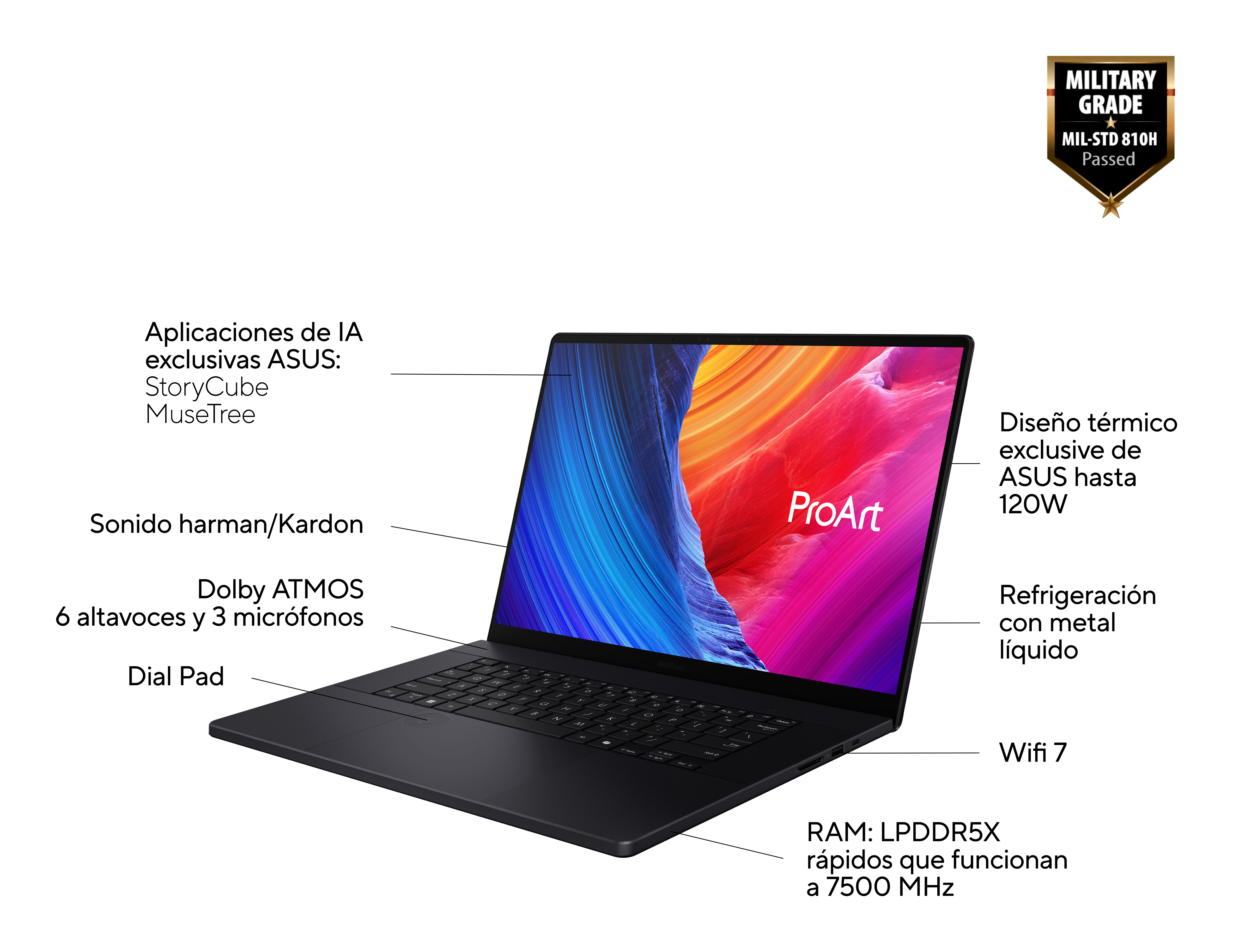 Portátil - ASUS ProArt P16 OLED H7606WP-SC105W Copilot+ PC, 16" 4K, AMD Ryzen™ AI 9 HX 370 50 TOPS, 64GB RAM, 2TB SSD, GeForce RTX™ 5070, W11 - imagen 4