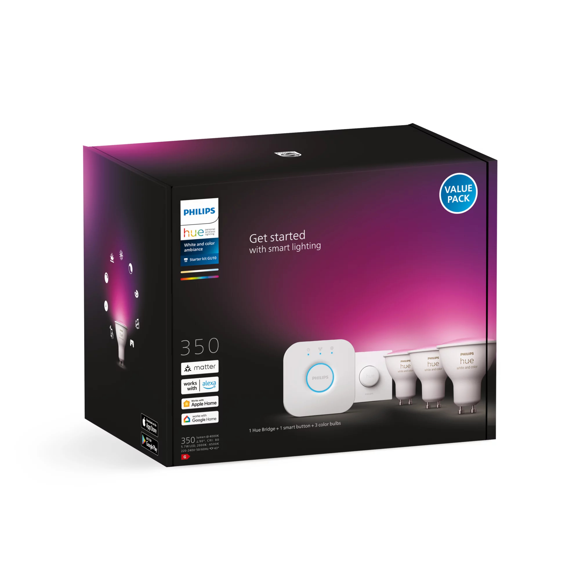 Philips by Signify Philips Hue White and colour ambience Starter kit: 3 GU10 smart spotlights + smart button – image 2