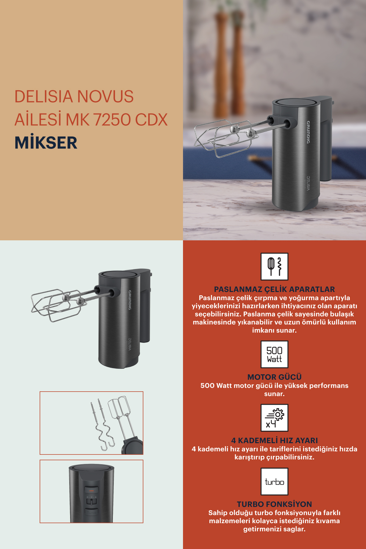 Grundig MK 7250 DX Delisia Novus Mikser Koyu Inox – image 7