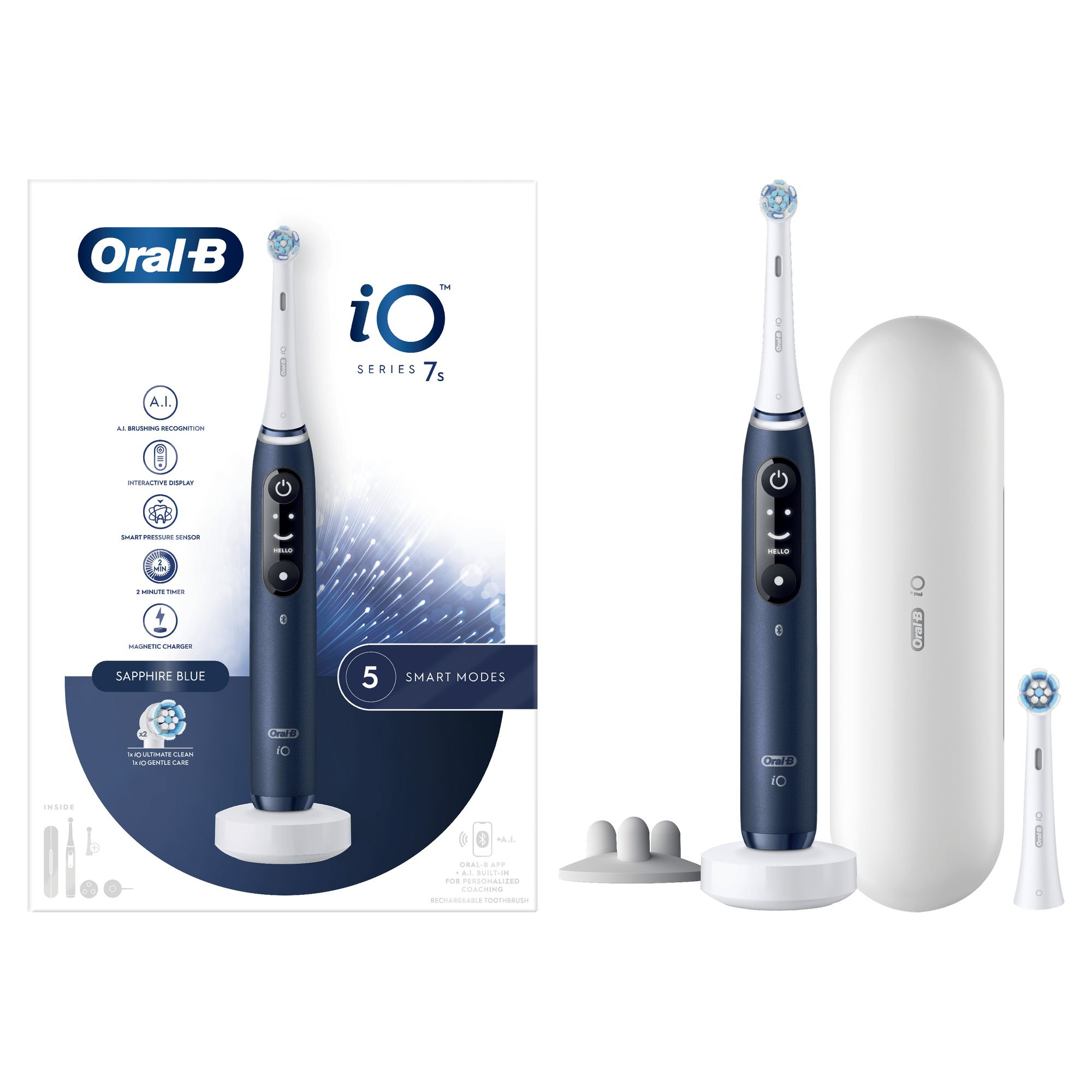 Oral-B iO Spazzolino Elettrico Ricaricabile 7S Blu, 2 Testine, 1 Custodia Da Viaggio, 1 Spazzolino