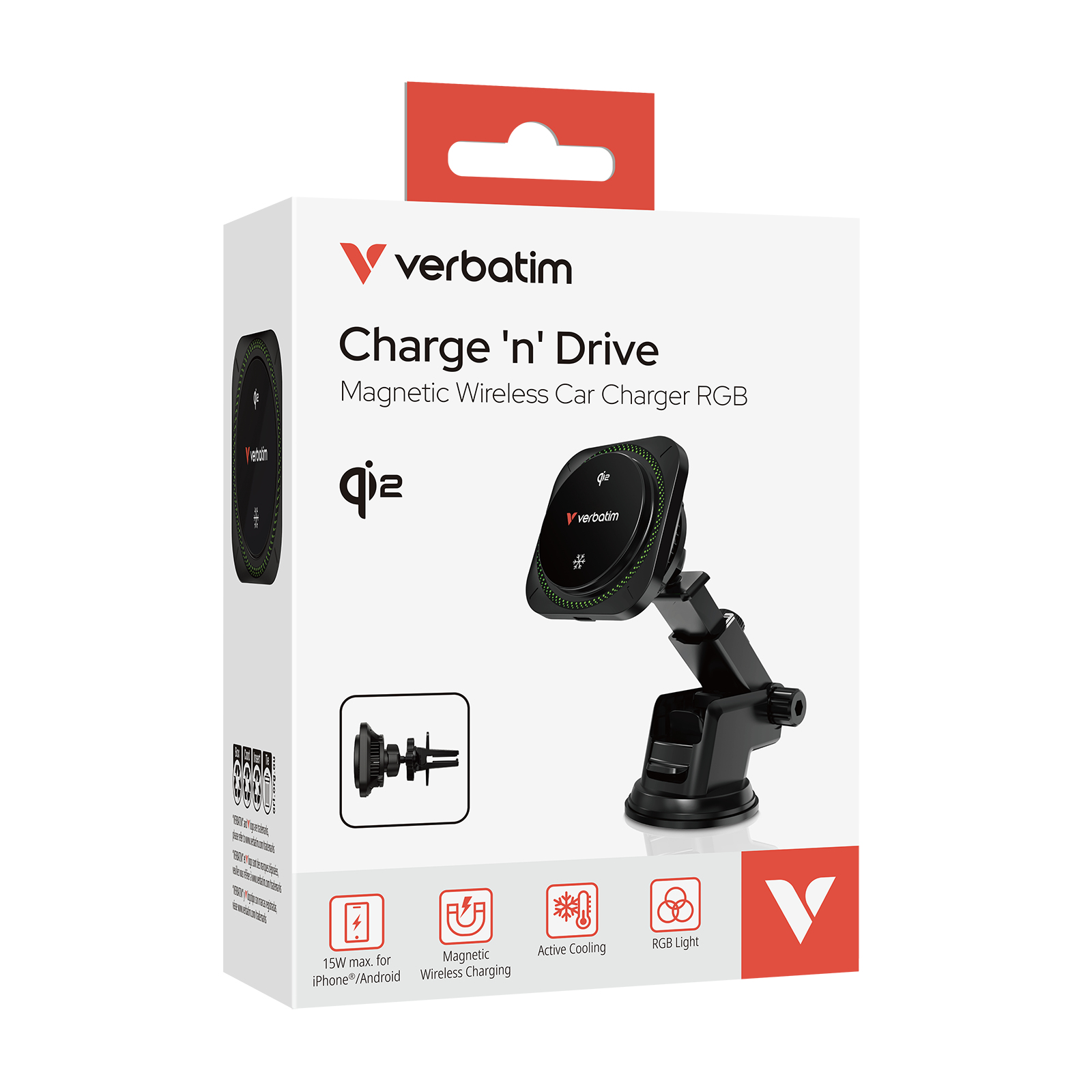 Resim Verbatim Charge 'n' Drive Qi2 Manyetik Kablosuz Araç Şarj Cihazı, Siyah