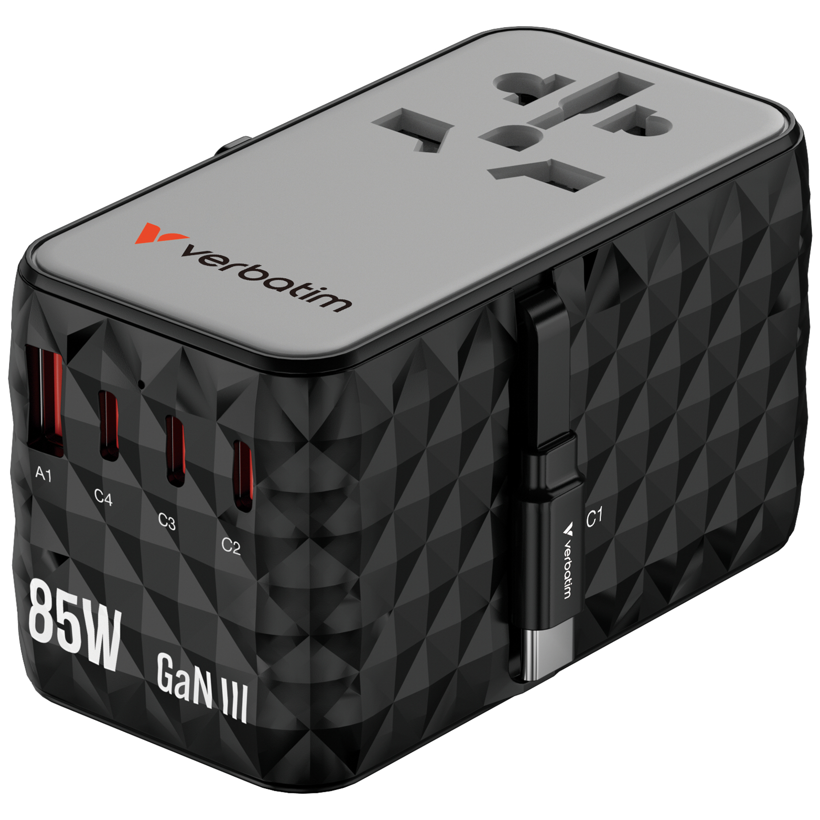 صورة شاحن Verbatim Charge 'n' Travel Diamond 85W CNT-02، 1x USB 2.0، 3x USB Type-C، أسود