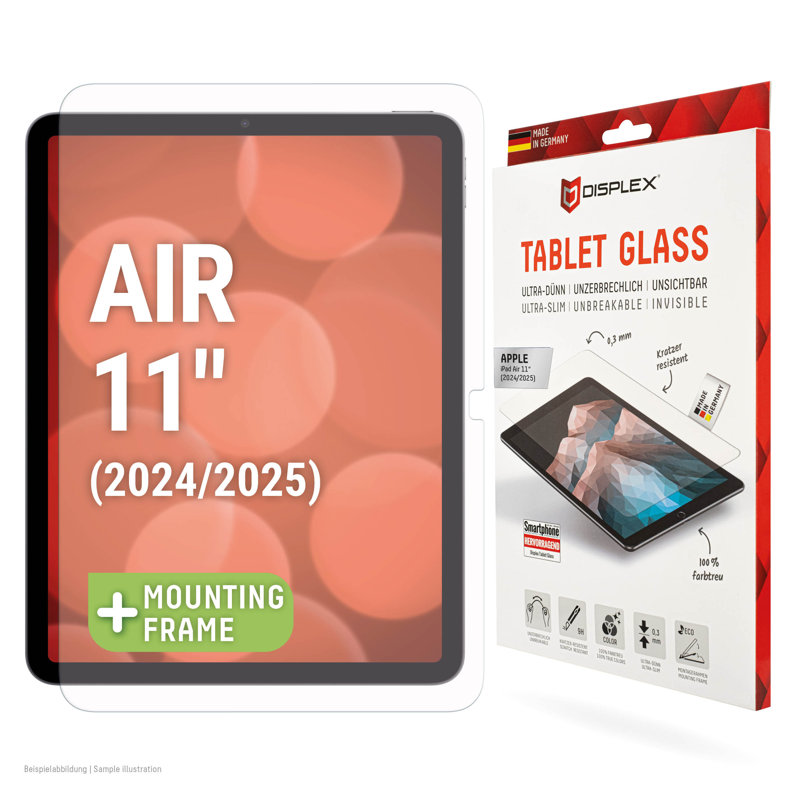 Displex Tablet Glass (9H) for Apple iPad Air 11" (2024/2025), Eco Mounting Frame, unbreakable, ultra-slim, invisible