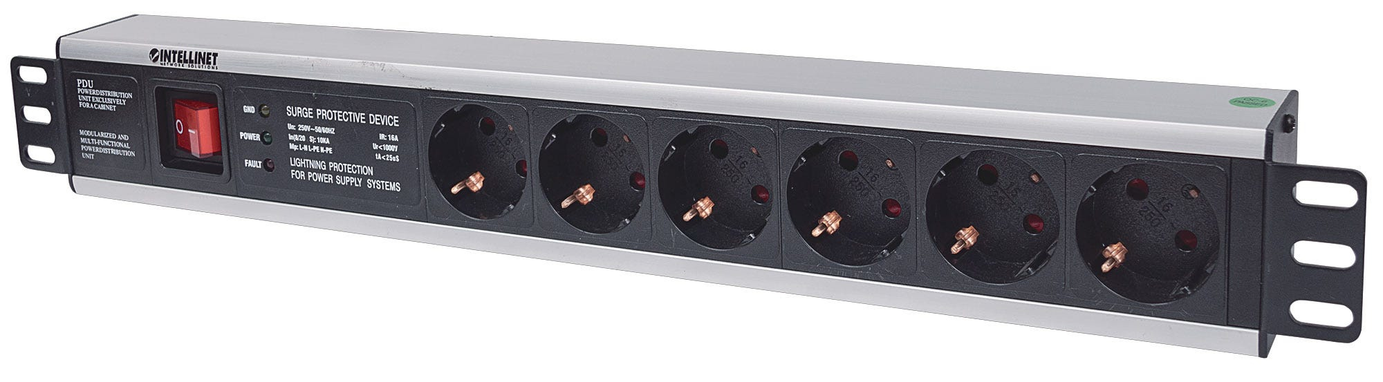 Intellinet 19" 1.5U Rackmount 6-Output Power Distribution Unit (PDU) EU CEE 7/3 Outlets, With On/Off Switch and Surge Protection, Built-in 3 m (10 ft.) Power Co