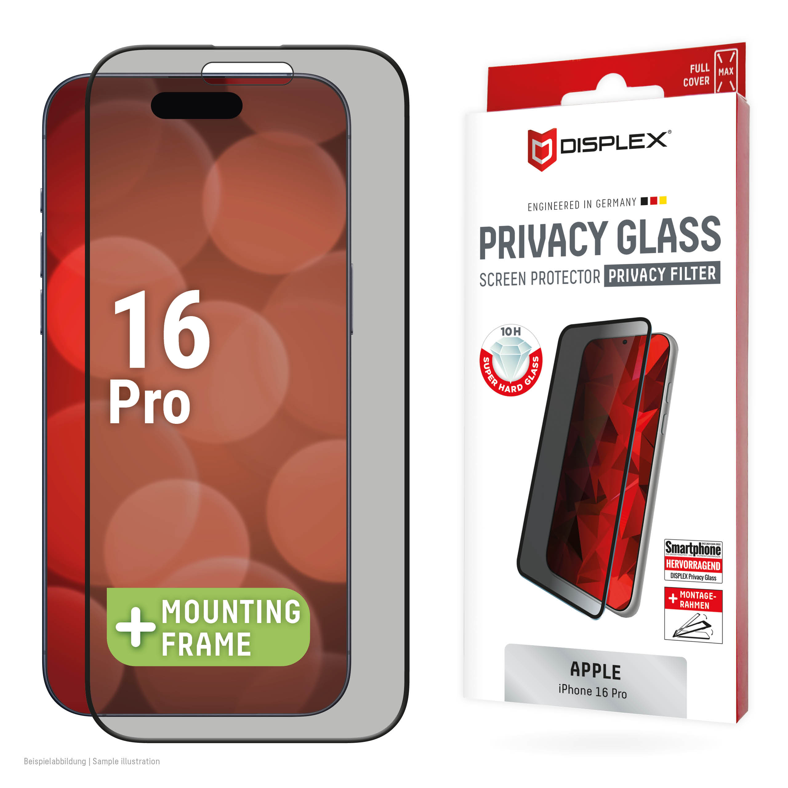 Displex Privacy Screen Protector (10H) for Apple iPhone 16 Pro, Eco Mounting Frame, Privacy Filter