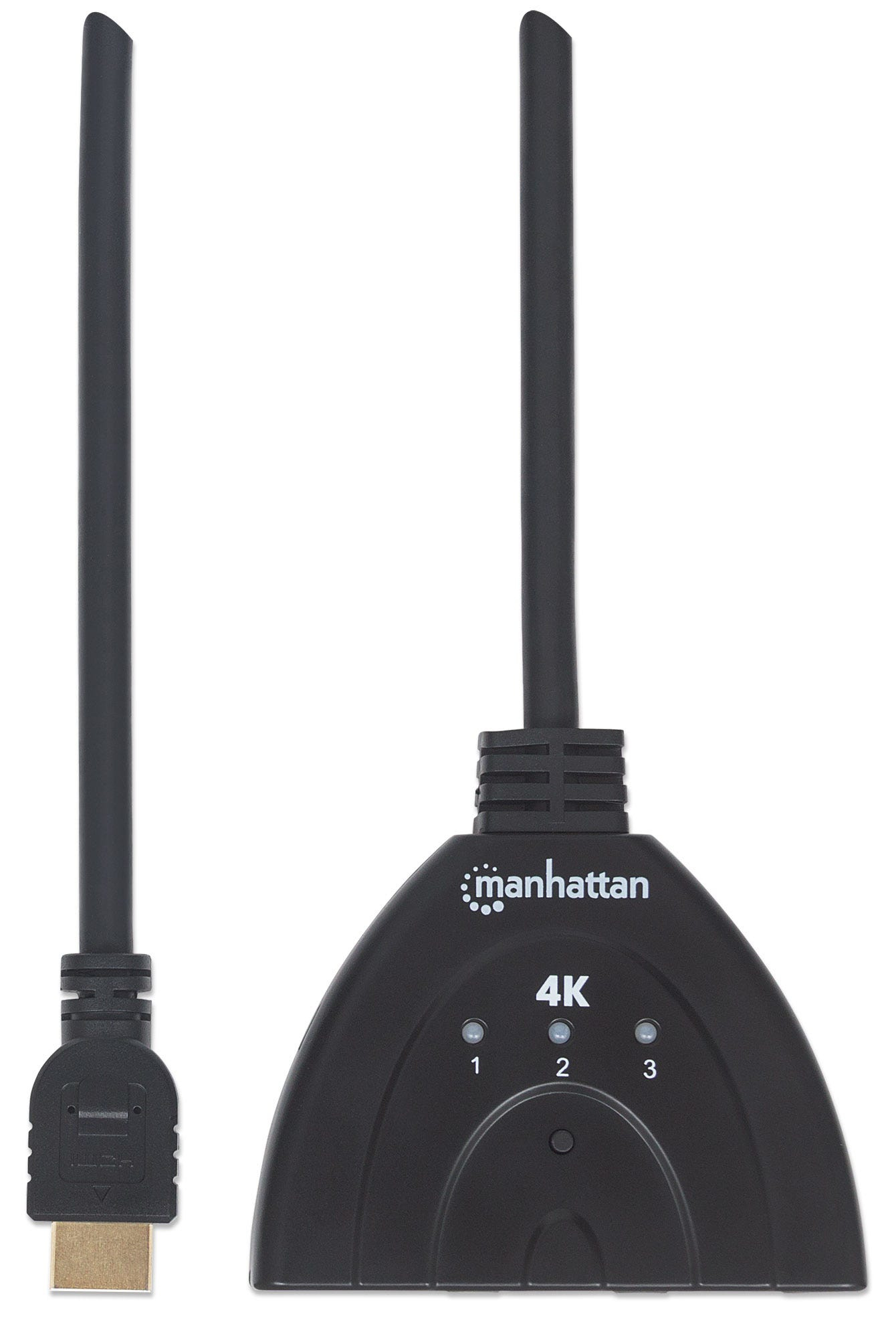 Manhattan HDMI Switch 3-Port, 4K@60Hz, Connects x3 HDMI sources to x1 display, Manual Switching (via button), Integrated Cable (58cm), No external power require – image 3