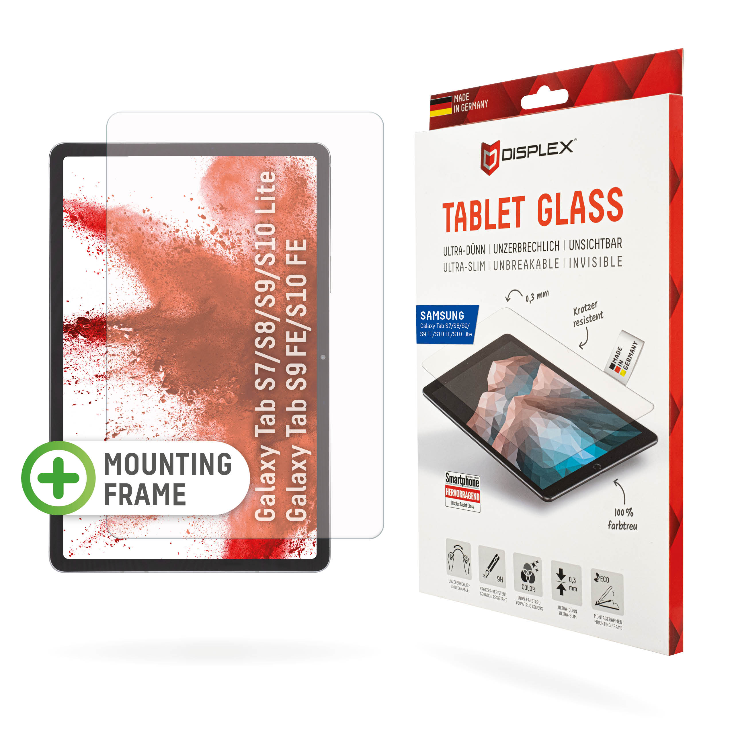 Displex Tablet Glass (9H) for Samsung Galaxy Tab S7/S8/S9/S9 FE/S10 FE/S10 Lite, Eco Mounting Frame, unbreakable