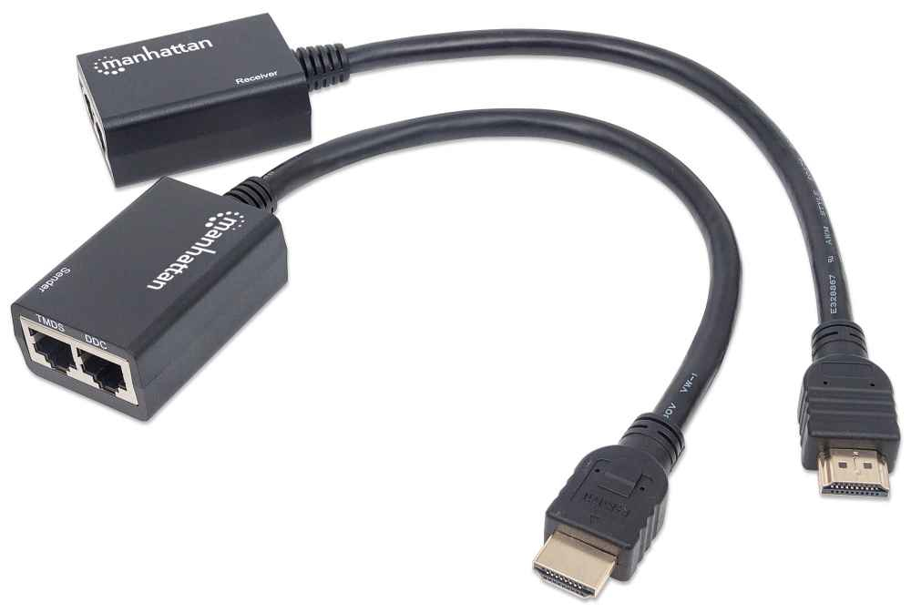 Manhattan 1080p HDMI over Ethernet Extender with Integrated Cables, Distances up to 30m with 2x Cat5e or Cat6 Ethernet Cables (not included), Black, Three Year – image 5